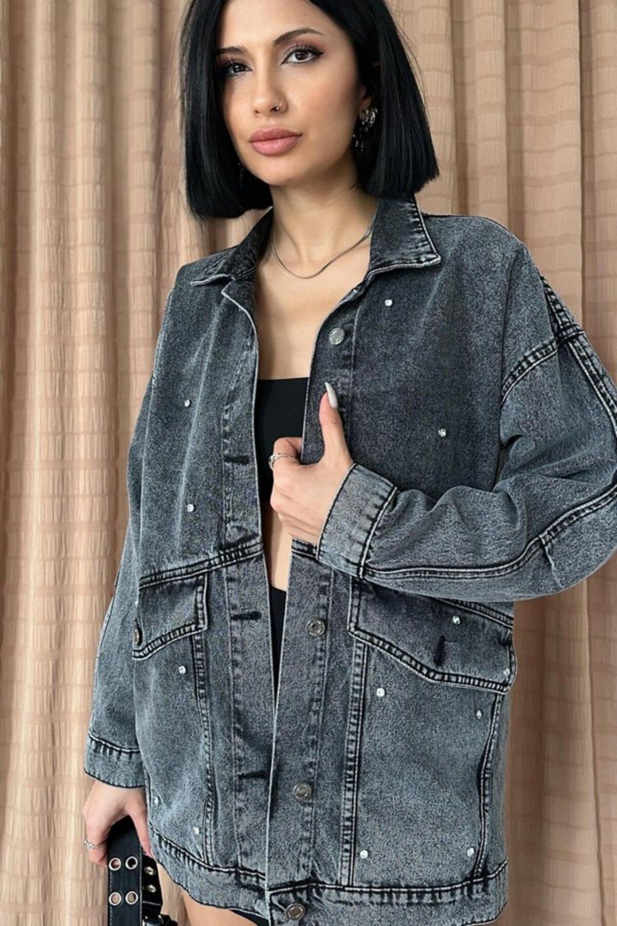 ETİLER COLLECTION Siyah Taşlı Kot Ceket