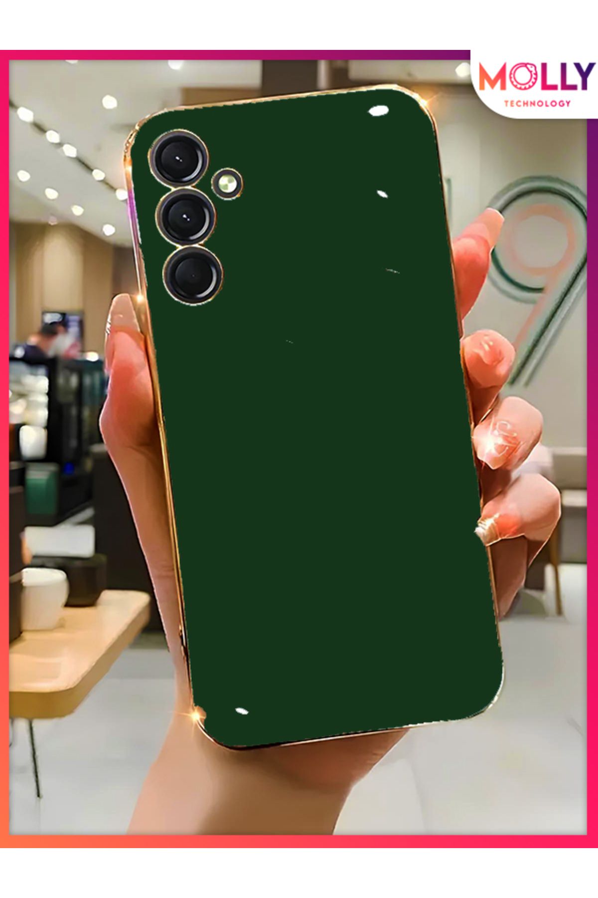 Molly Samsung Galaxy M13 İçin Koyu Yeşil Kenarları Gold Detaylı Lüks Silikon Kılıf