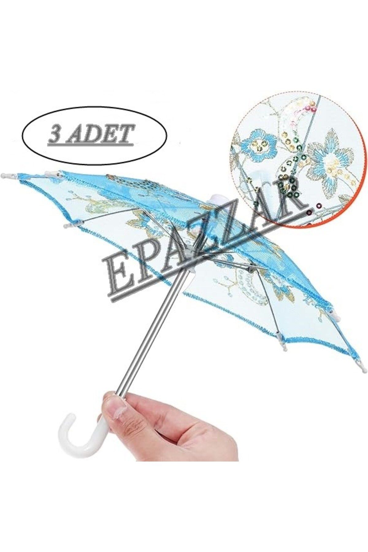 epazzar 3 Adet İşlemeli Ufak Dekorasyon Şemsiyesi - Dantelli Konsept Parti Süs Şemsiyesi