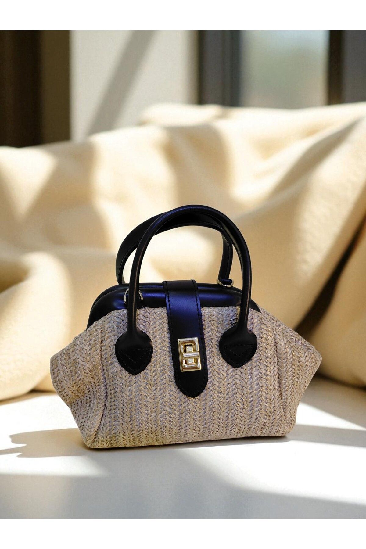 TUBAG SHOP HASIR BURS KAPAMA DERİ DETAYLI TOKA KAPAMA KADIN EL VE OMUZ ÇANTASI