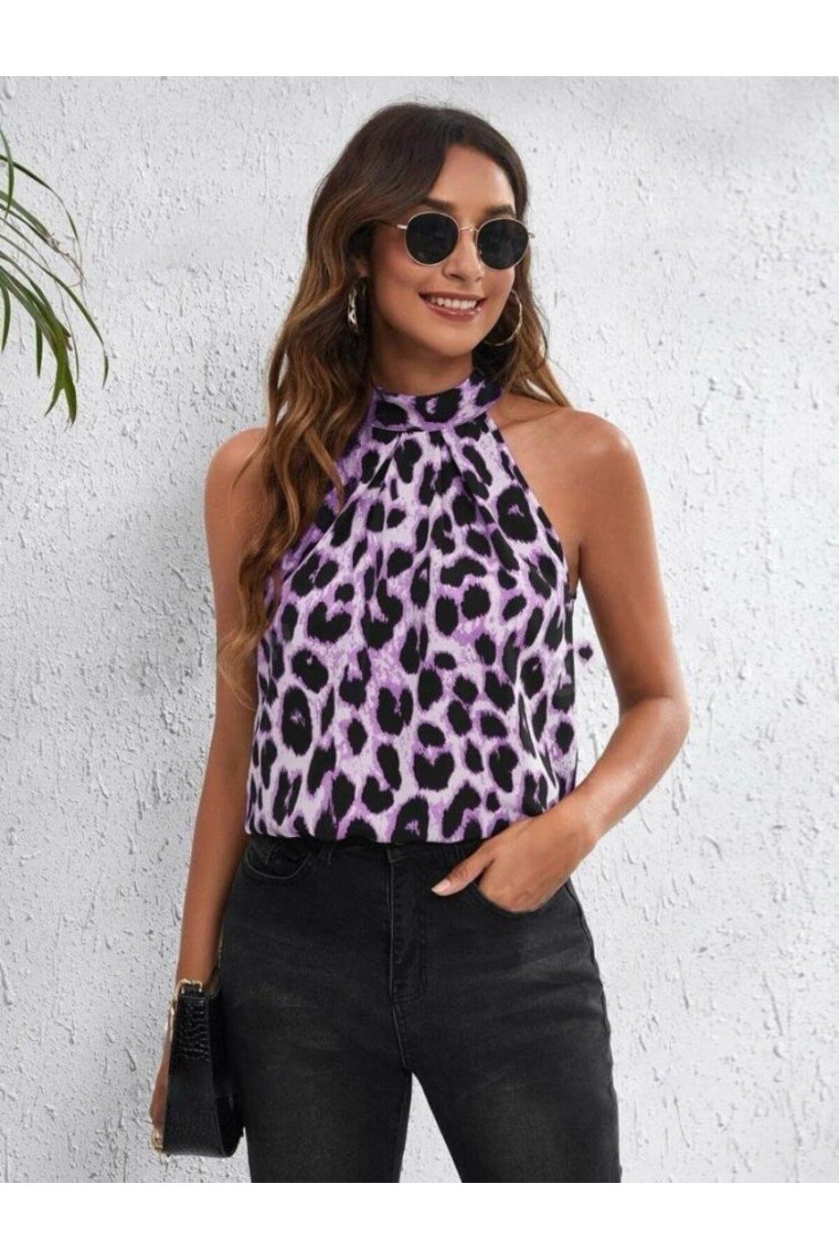 ETİLER COLLECTION Kadın Halter Yaka Dijital Baskılı Mikro Kumaş Bluz