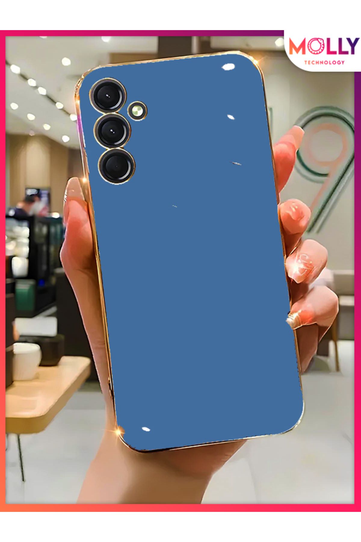 Molly Samsung Galaxy M13 İçin Petrol Mavisi Kenarları Gold Detaylı Lüks Silikon Kılıf