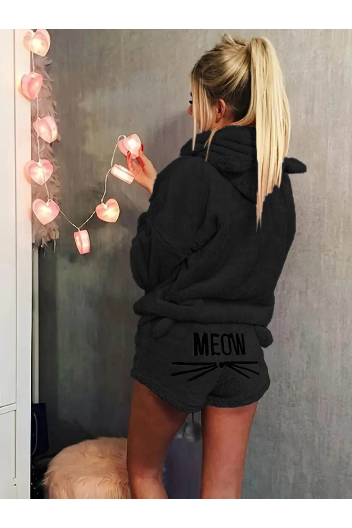 ETİLER COLLECTION Kadın Uzun Kollu Meow Kedi Nakışlı Kapşonlu Peluş Sweat Ve Short Ikili Takım