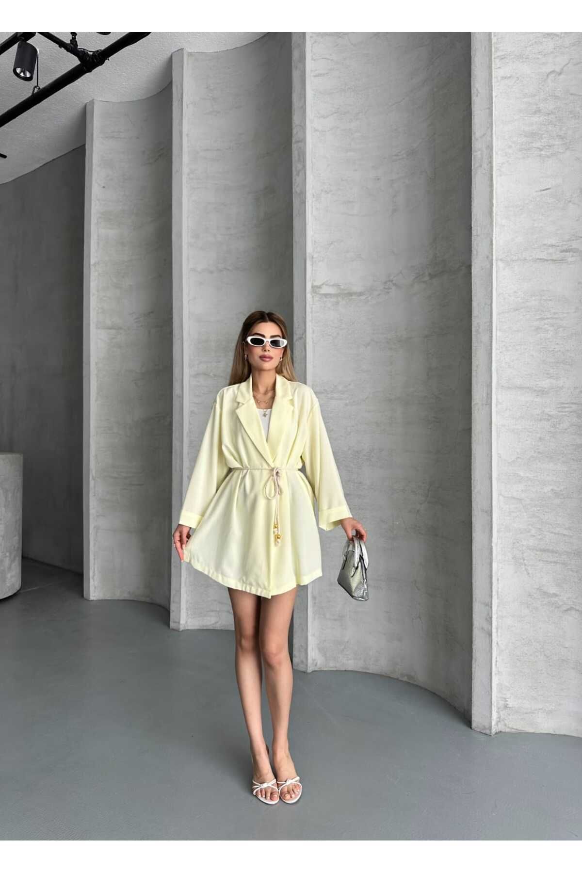 Lovely butik KADIN KUŞAK DETAYLI POLİVİSKON UZUN CEKET