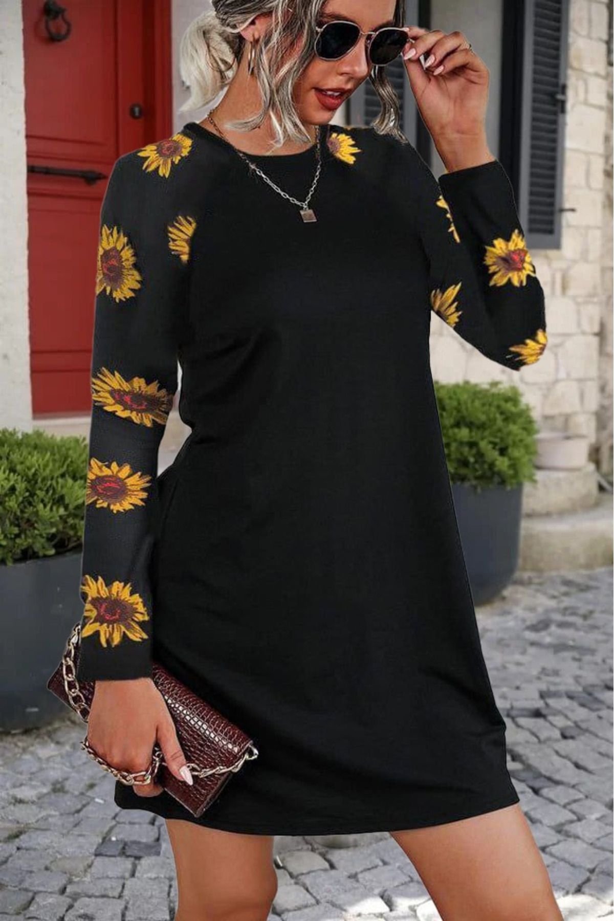 ETİLER COLLECTION Kadın Uzun Kollu Bisiklet Yaka Krep Mini Boy Elbise