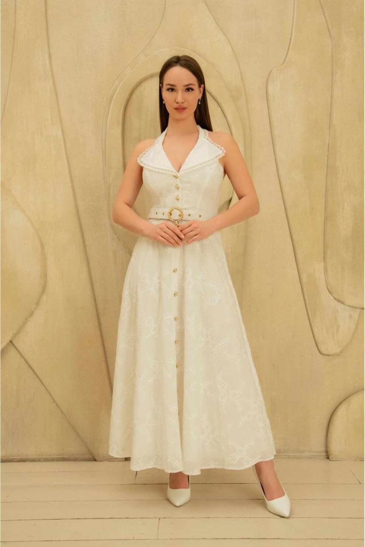 ETİLER COLLECTION Beyaz İnci Kemer Detaylı Dantelli Elbise