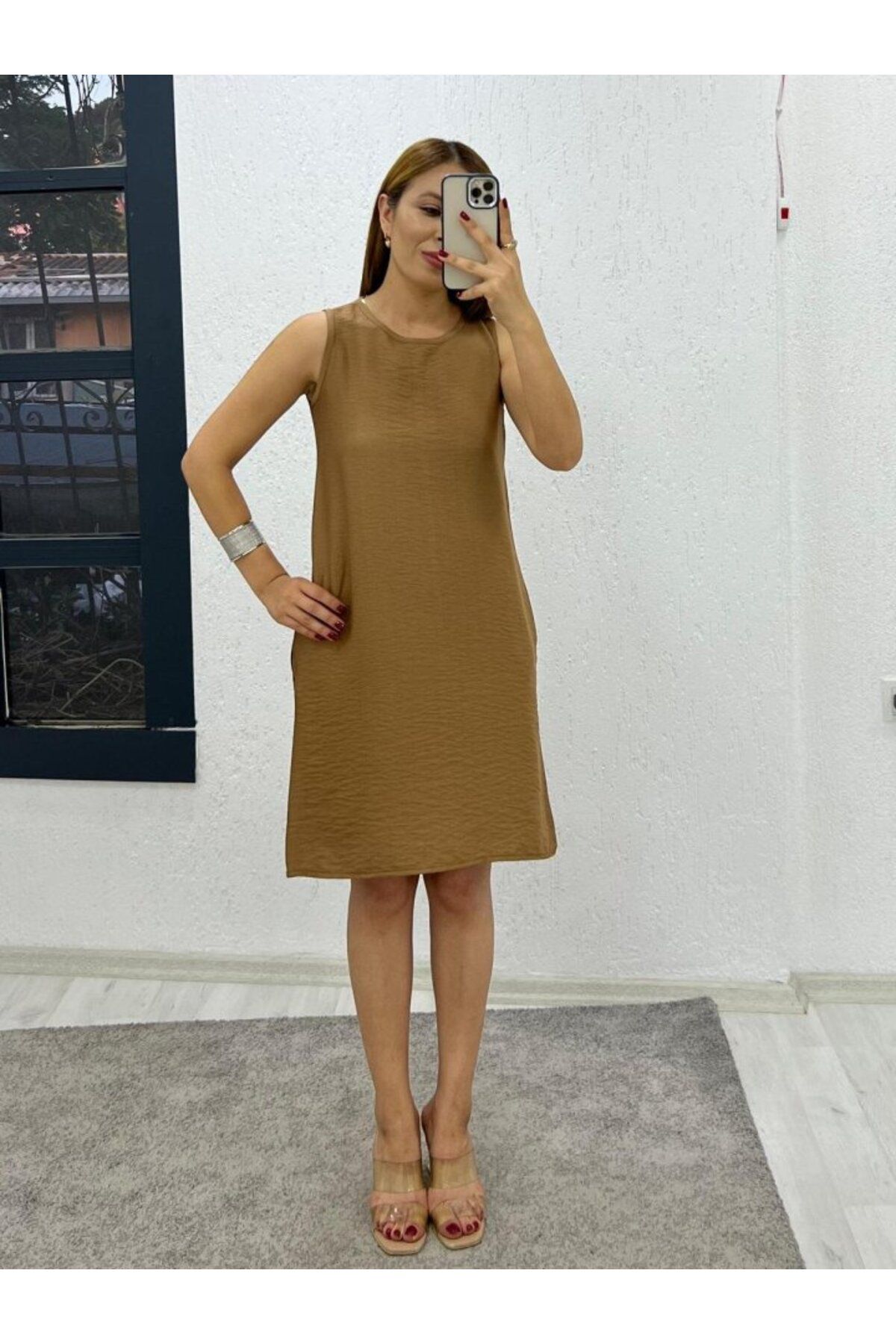 ETİLER COLLECTION Kadın Keten Kumaş Cep Detaylı Sıfır Kol Elbise