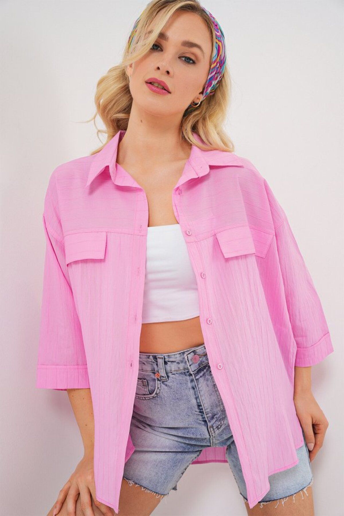 Femella Women Fashion Cep Detaylı Kısa Kol Gömlek 20317 - Pembe