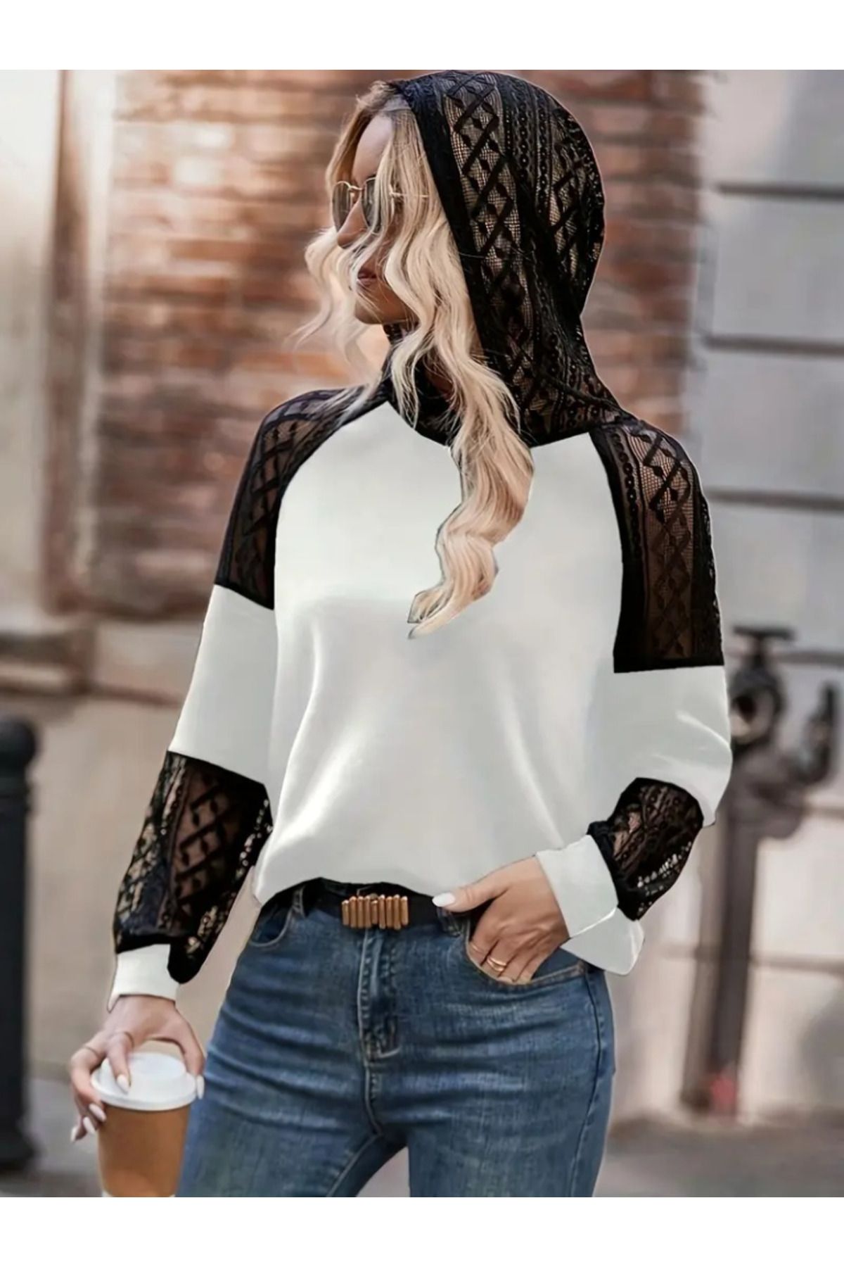 ETİLER COLLECTION Kadın Uzun Kollu Dantelli Kapşonlu Viskon Iki Iplik Bluz