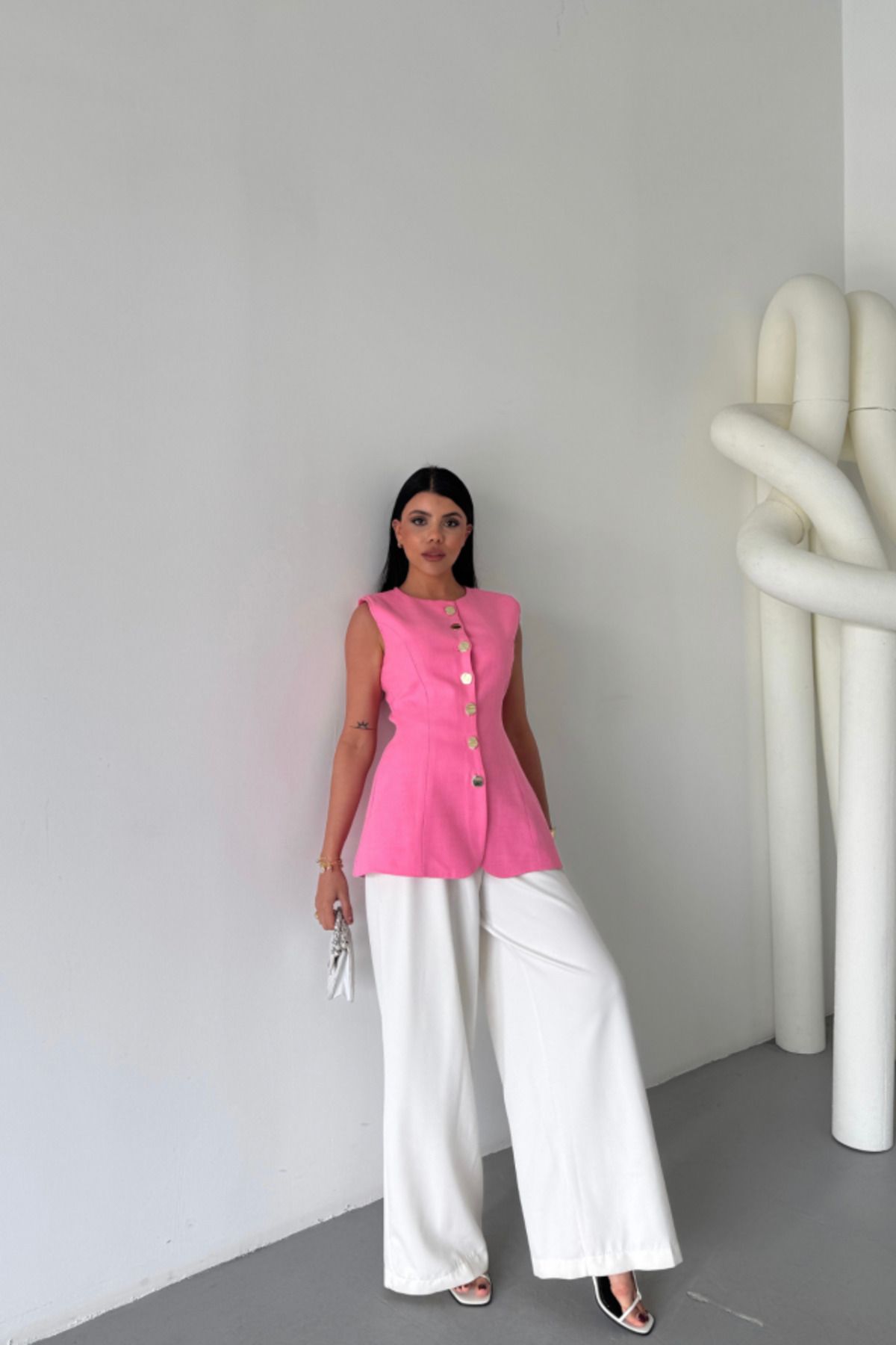 ETİLER COLLECTION KETEN YELEK BELDEN OTURTMALISIRALI DÜĞME DETAYLI - Pembe