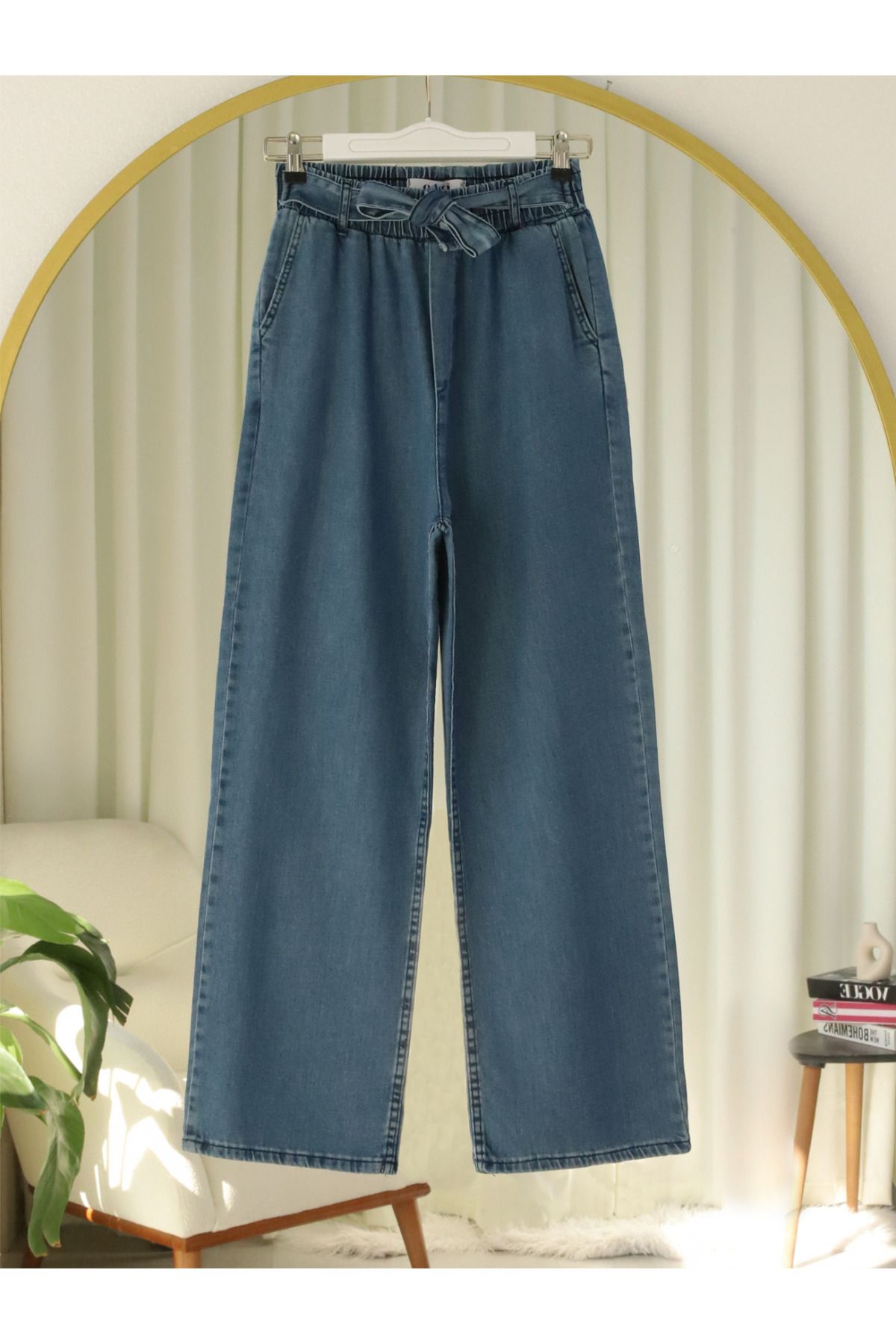 Modamorfo Beli Kuşaklı Lastikli Cepli Kot Pantolon -Laci