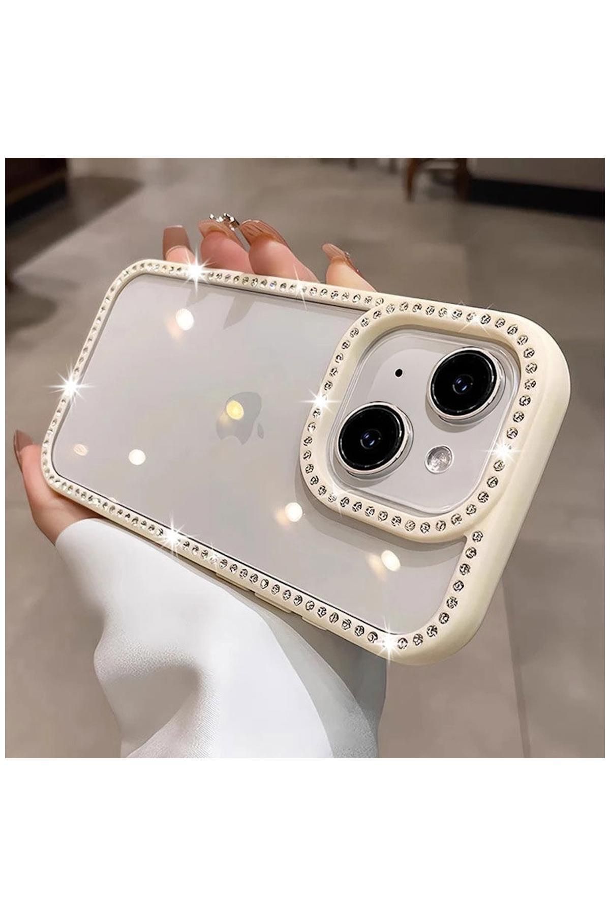 Pro Aksesuar Apple iPhone 13 Uyumlu Kılıf Parıltılı Diamond Silikon Kılıf Beyaz