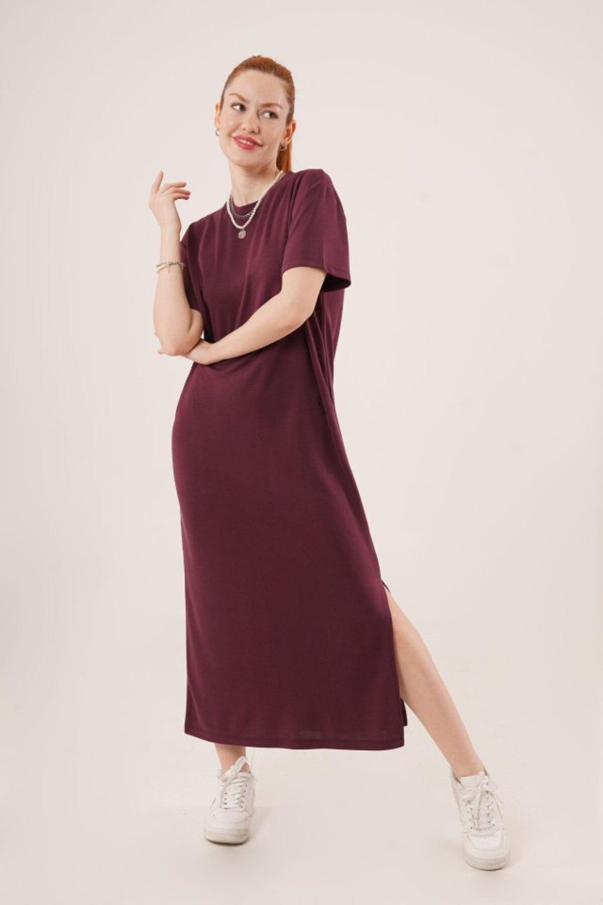 ETİLER COLLECTION Yırtmaç Detaylı Kısa Kollu Salaş Maxi Bordo Elbise