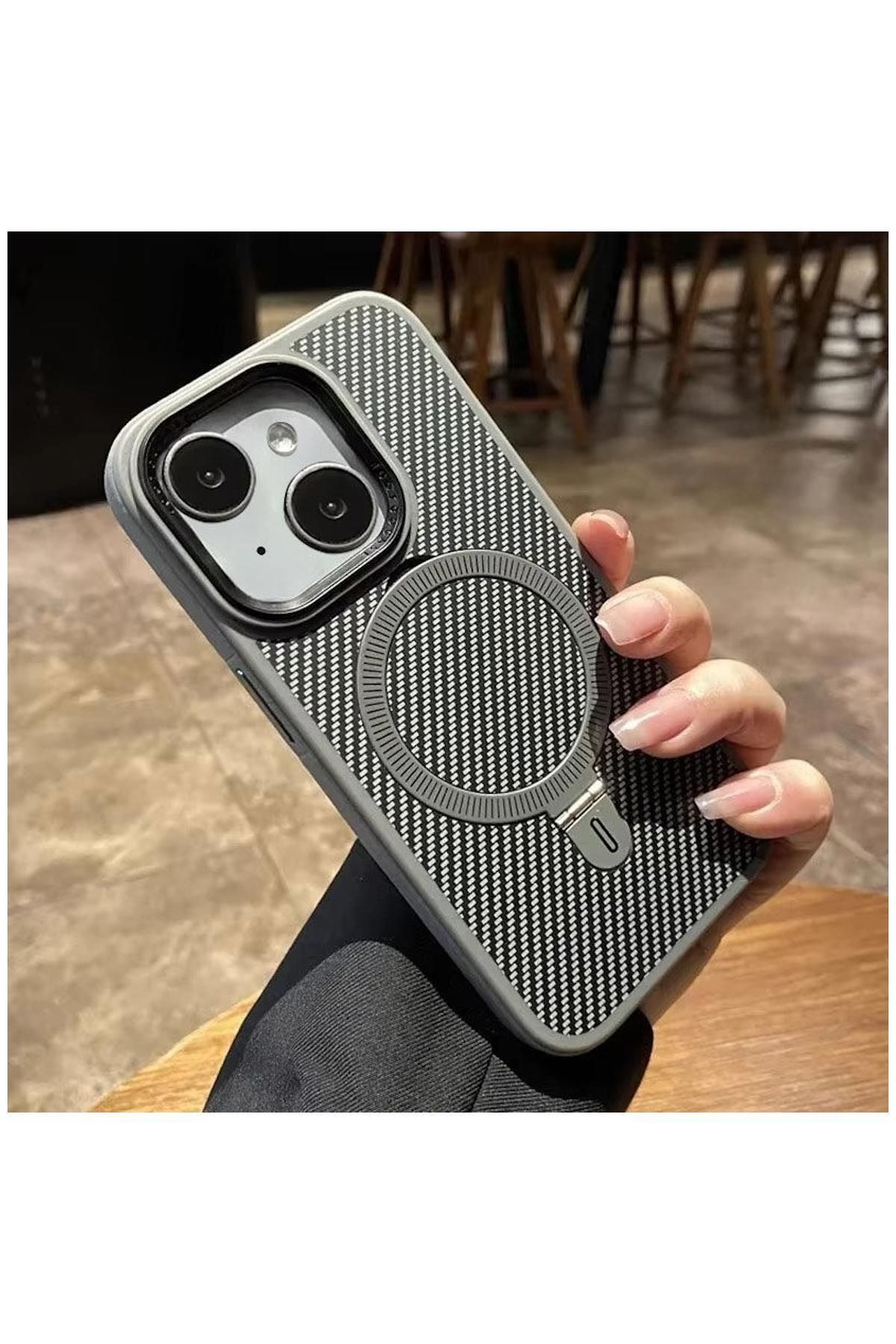 Pro Aksesuar Apple iPhone 13 Uyumlu Kılıf Best Karbon Fiber Kılıf (Kablosuz Şarj Destekli) Gri