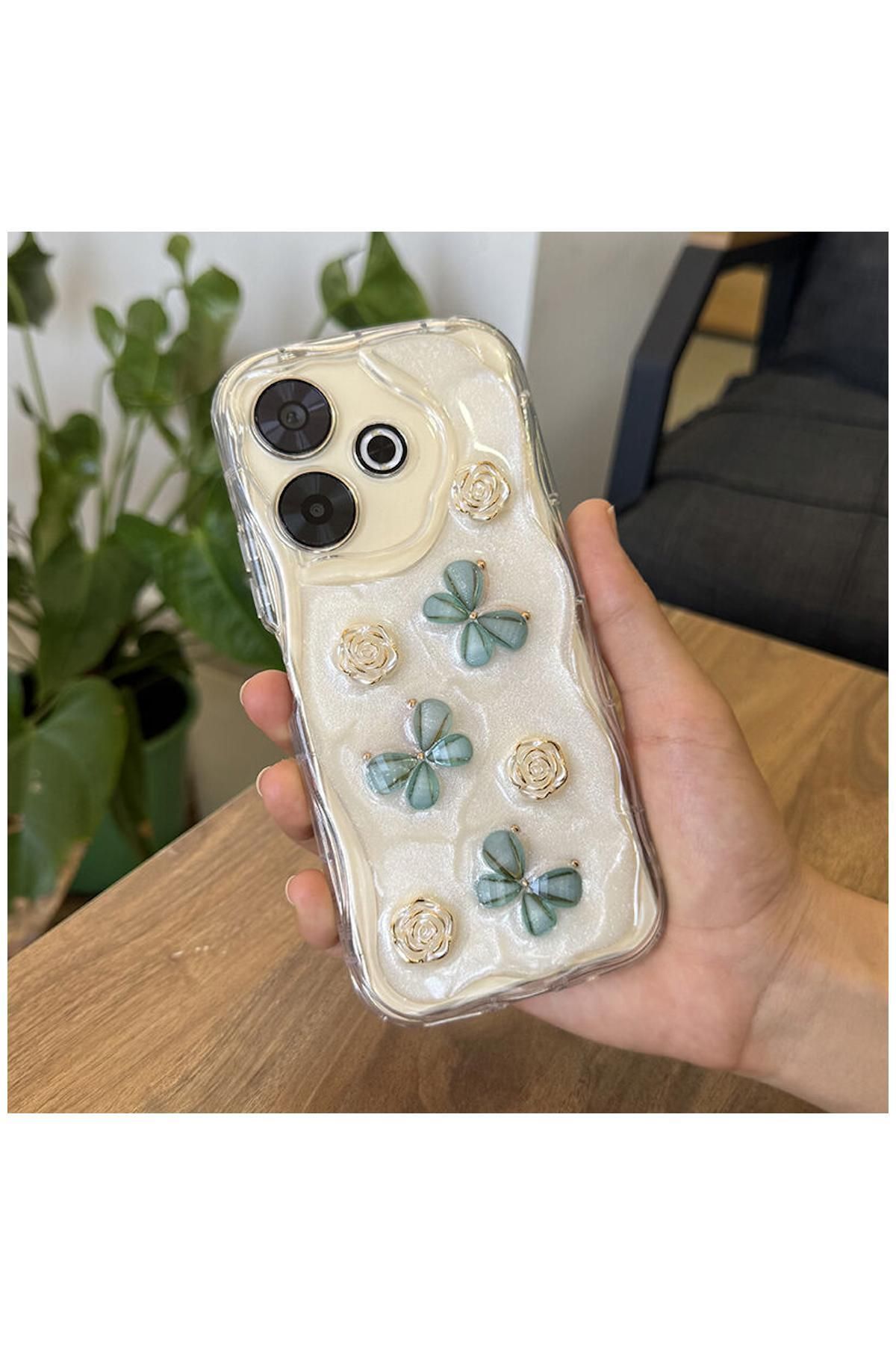 Pro Aksesuar Xiaomi Redmi 13 Uyumlu Kılıf Kelebekli Floral Silikon Kılıf Yeşil