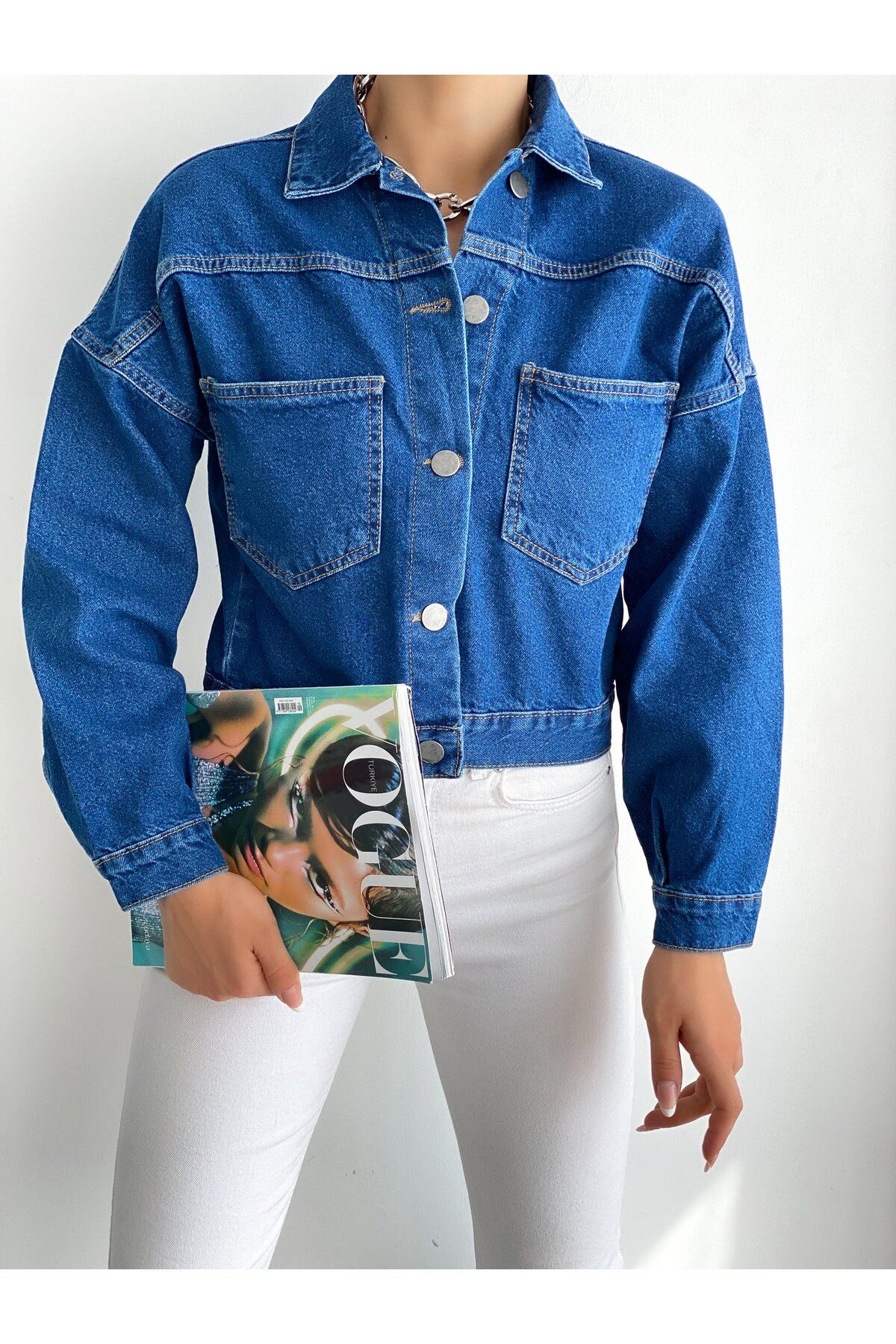 BEEMU Çift Cepli Denim Crop Ceket