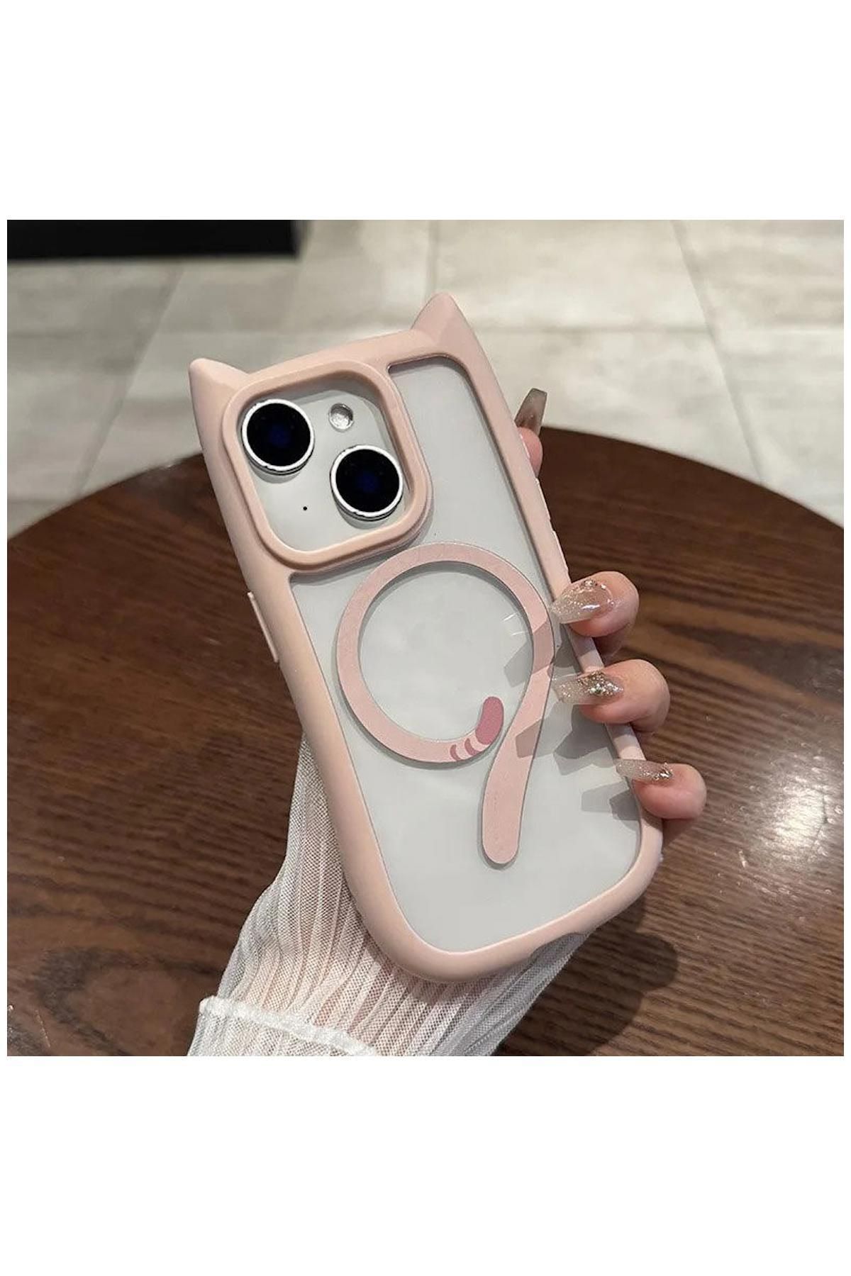 Pro Aksesuar Apple iPhone 14 Plus Uyumlu Kılıf Kedi Kulaklı Silikon Kılıf (Kablosuz Şaj Destekli) Pembe