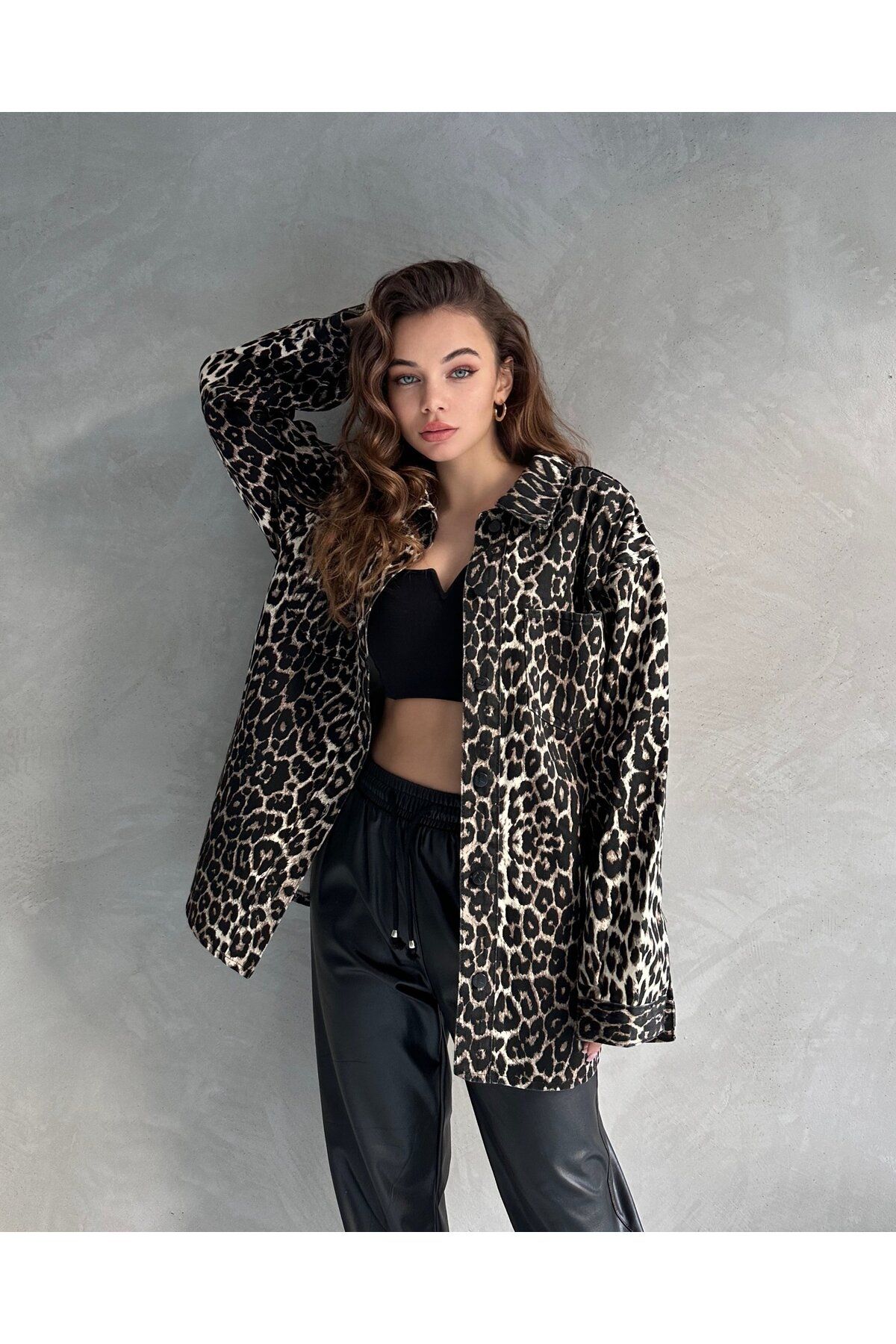 BEEMU Leopar Desen Çift Cep Oversize Denim Gömlek Ceket