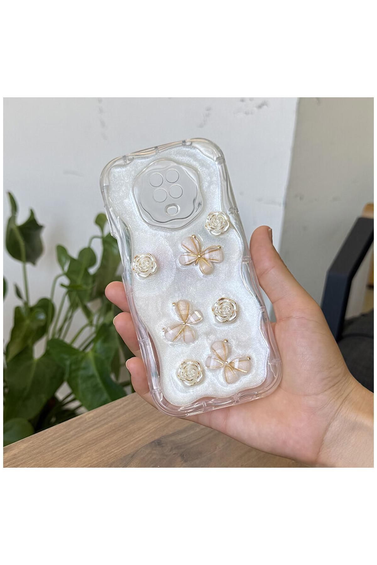 Pro Aksesuar Xiaomi Redmi Note 9 Pro Max Uyumlu Kılıf Kelebekli Floral Silikon Kılıf Gold