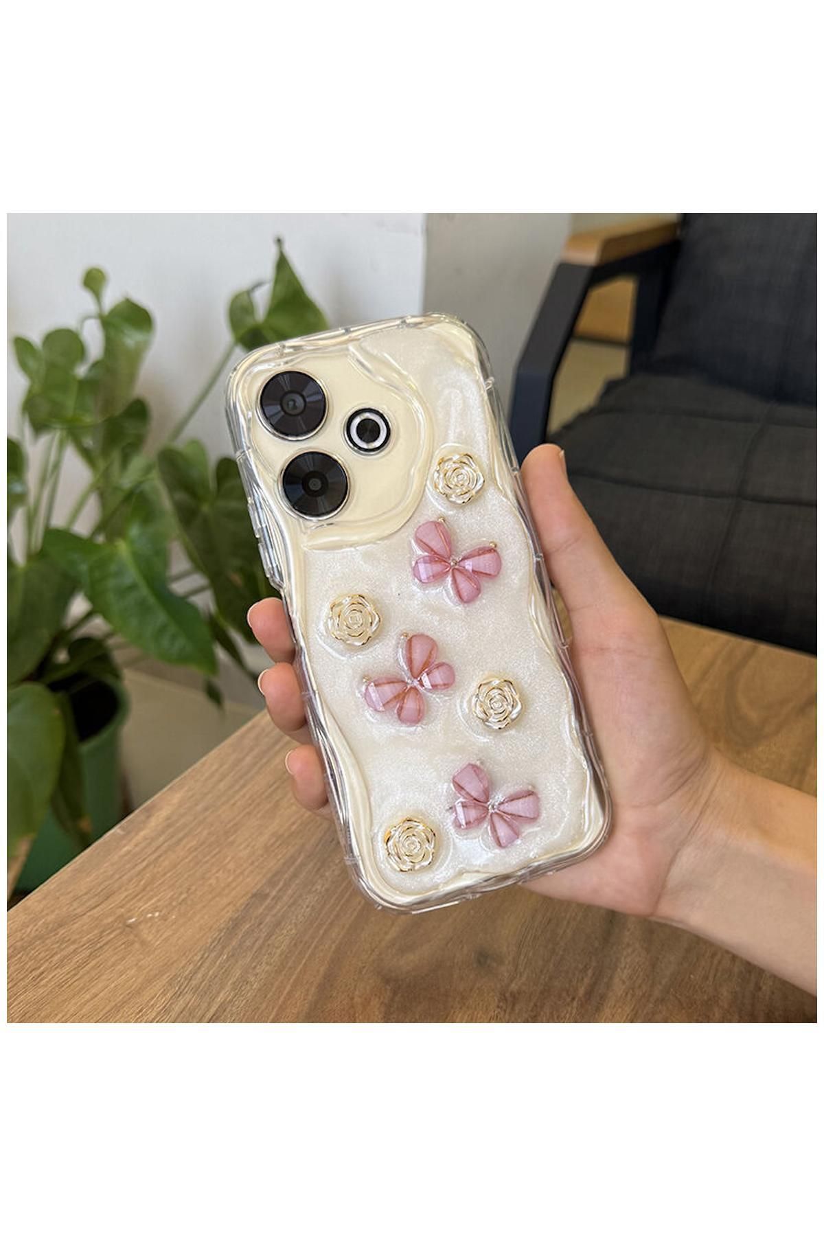 Pro Aksesuar Xiaomi Redmi 13 Uyumlu Kılıf Kelebekli Floral Silikon Kılıf Rose Gold