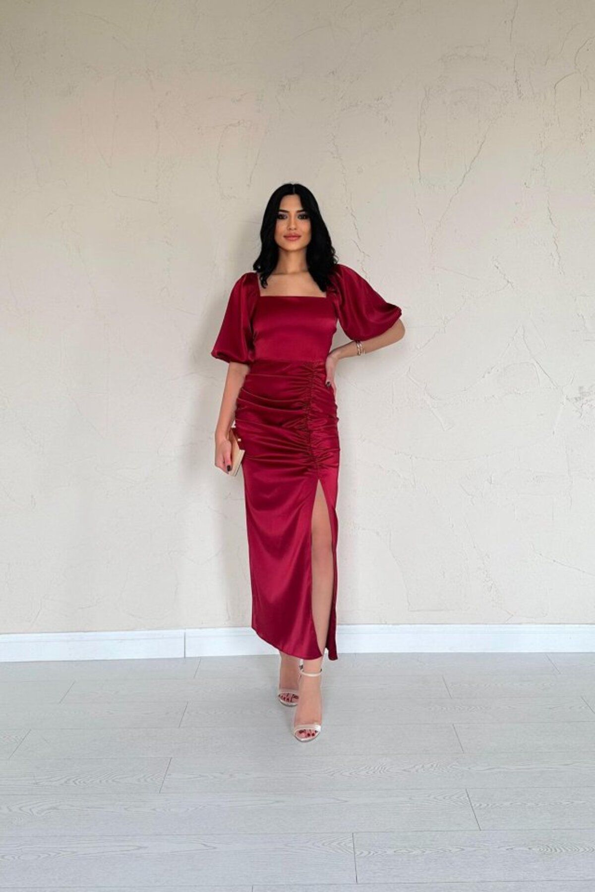 ETİLER COLLECTION Bordo Büzgülü Saten Elbise