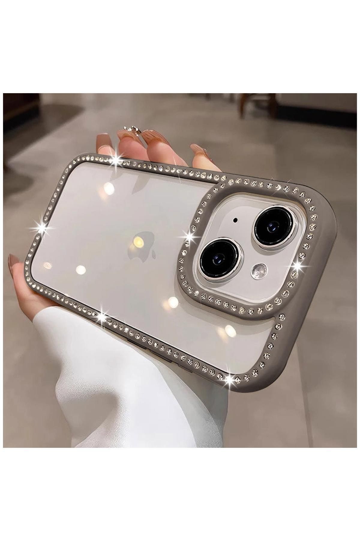 Pro Aksesuar Apple iPhone 13 Uyumlu Kılıf Parıltılı Diamond Silikon Kılıf Gri