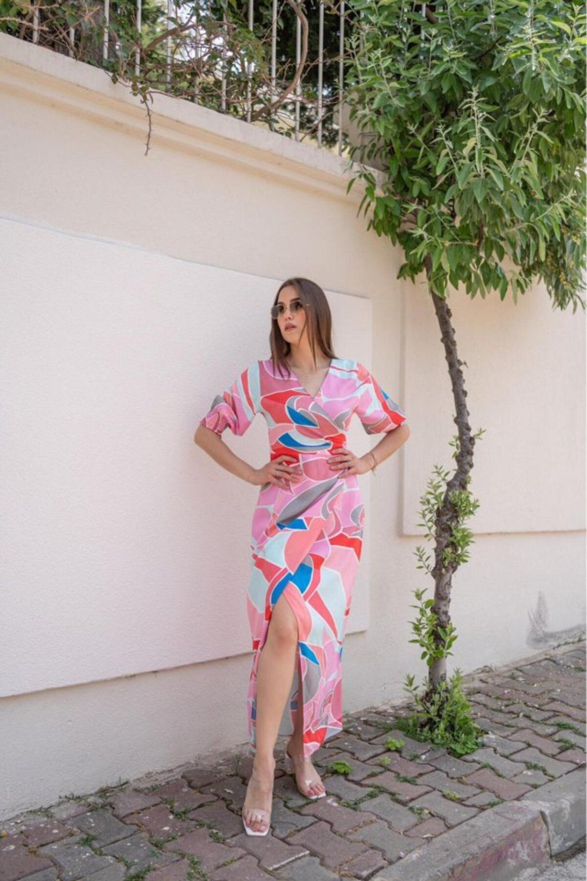 ETİLER COLLECTION Fuşya Desenli Yırtmaçlı Elbise