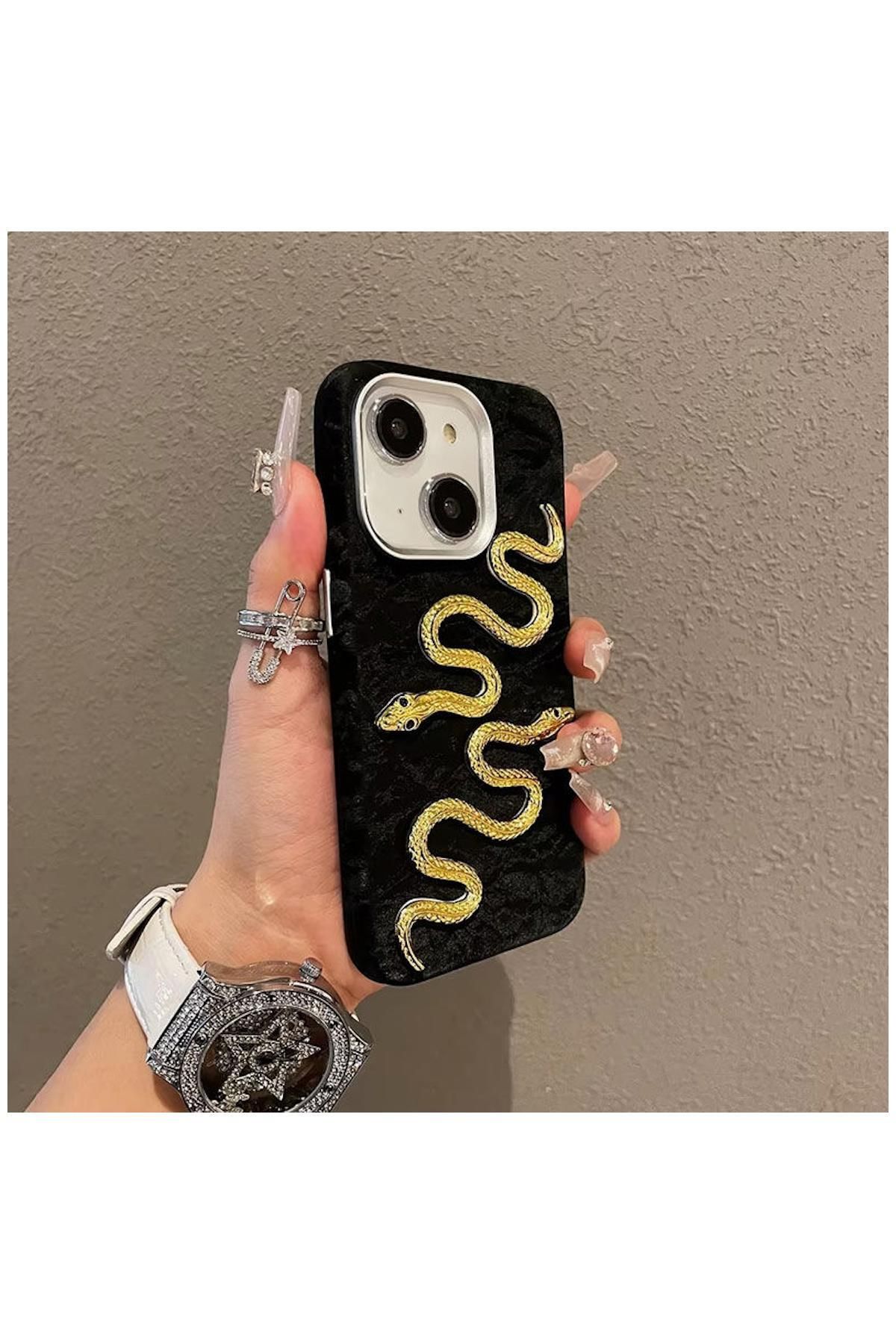 Pro Aksesuar Apple iPhone 13 Uyumlu Kılıf Yılanlı Kadife Kumaş Kılıf Siyah