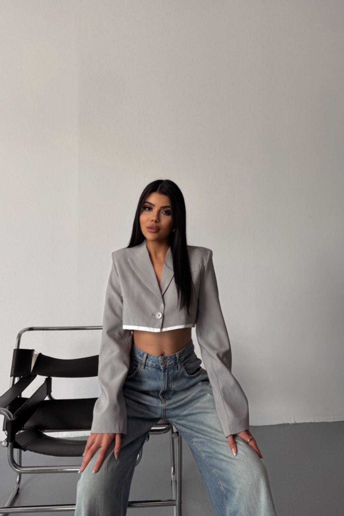 ETİLER COLLECTION CROP CEKET TEK DÜĞME - Gri