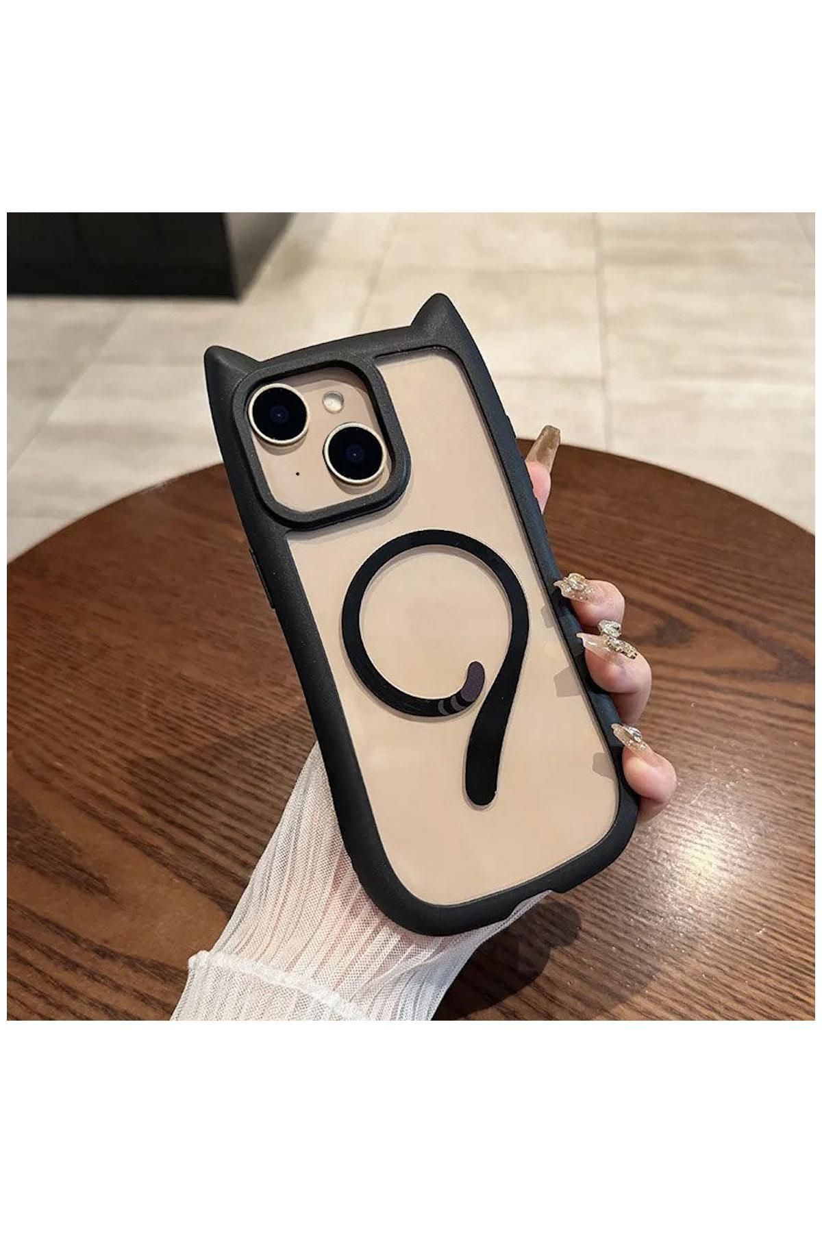 Pro Aksesuar Apple iPhone 13 Uyumlu Kılıf Kedi Kulaklı Silikon Kılıf (Kablosuz Şaj Destekli) Siyah