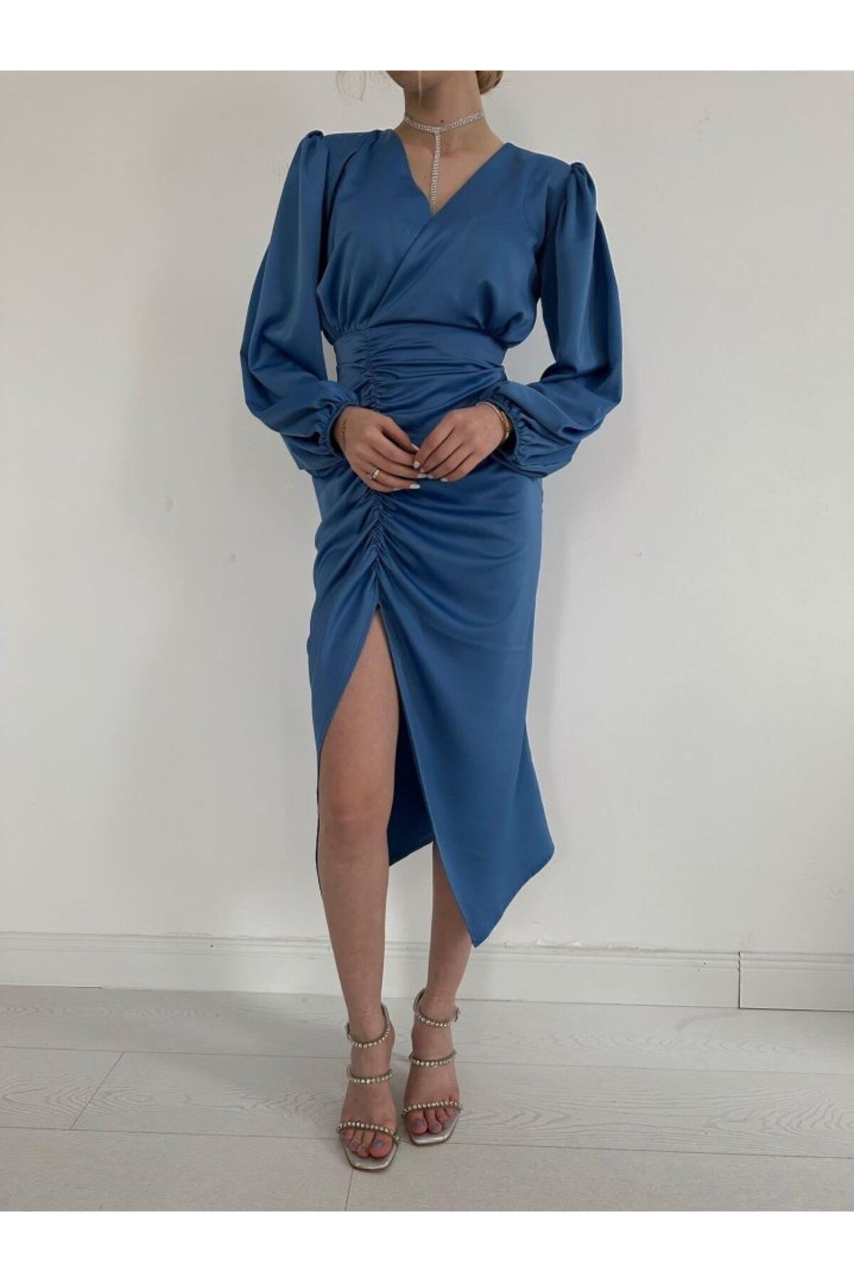 ETİLER COLLECTION Mavi V Yaka Saten Elbise