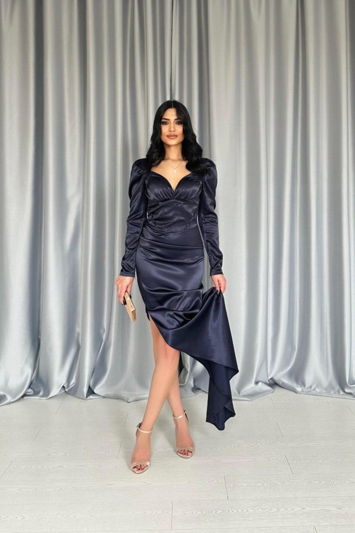 ETİLER COLLECTION Lacivert Göğsü Kuplu Yırtmaçlı Elbise