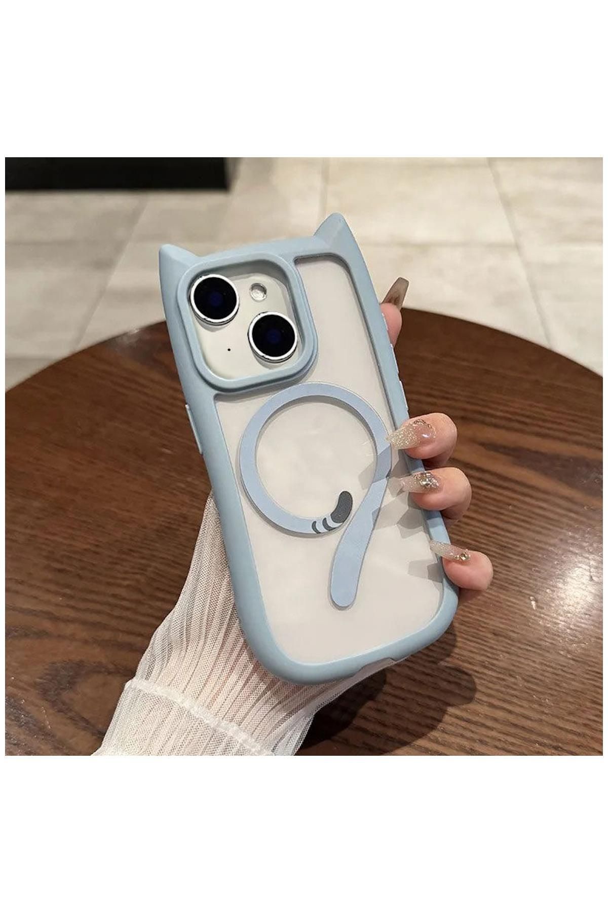Pro Aksesuar Apple iPhone 14 Plus Uyumlu Kılıf Kedi Kulaklı Silikon Kılıf (Kablosuz Şaj Destekli) Açık Mavi