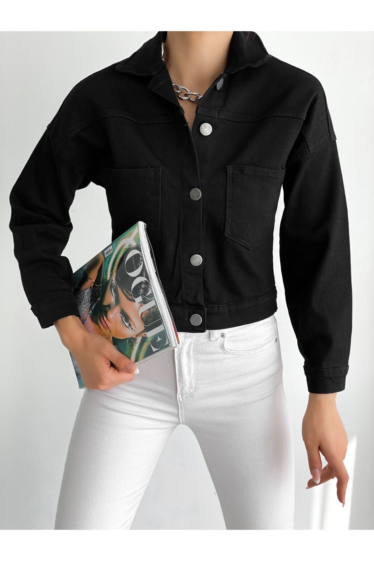 BEEMU Çift Cepli Denim Crop Ceket