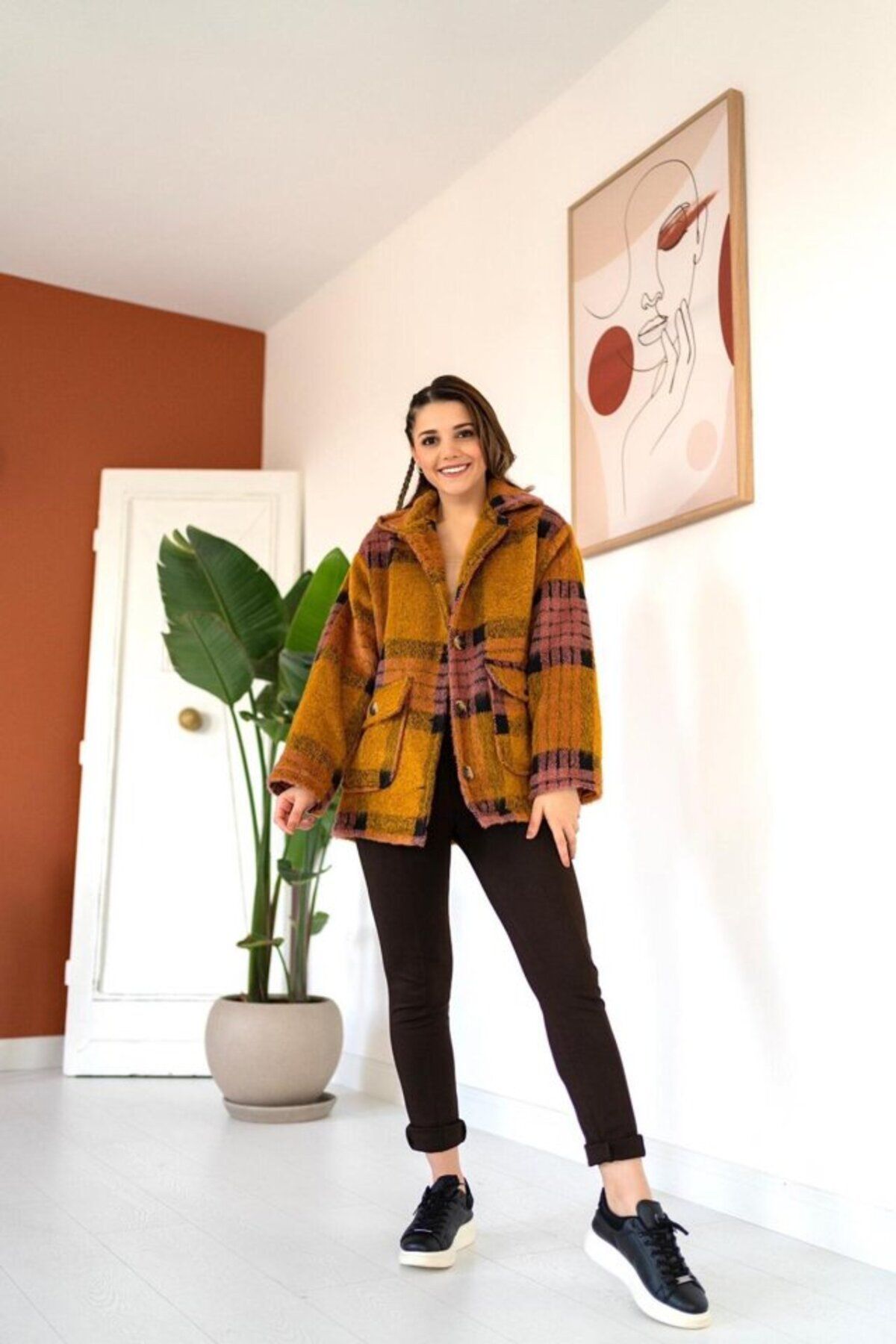 ETİLER COLLECTION Hardal Fuşya Düğmeli Ekoseli Kaban
