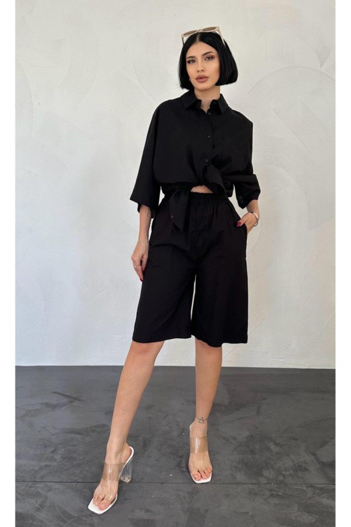 ETİLER COLLECTION Siyah Kısa Kollu Keten Gömlek Ve Şort Takım