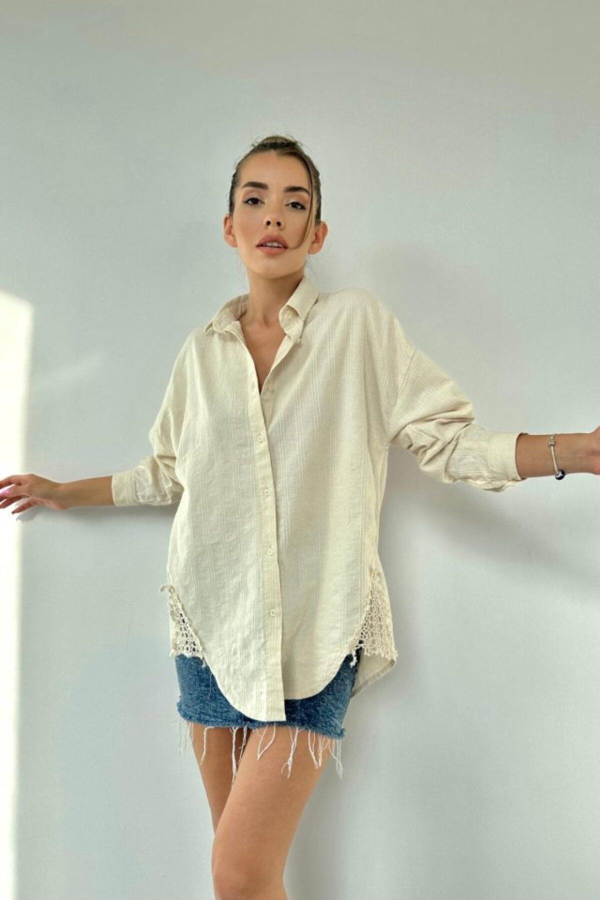 ETİLER COLLECTION Bej Dantel Detaylı Keten Gömlek
