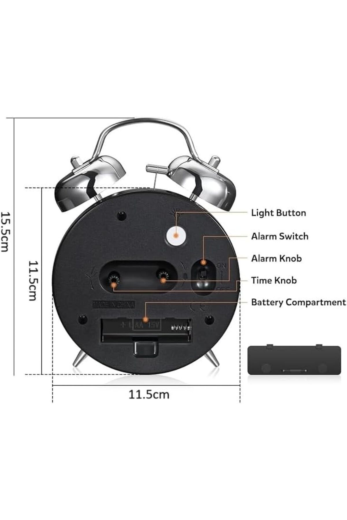 Other-Loud Battery-Operated Twin Bell Alarm Clock, Backlight, Snooze Function,(Silver,4") 2