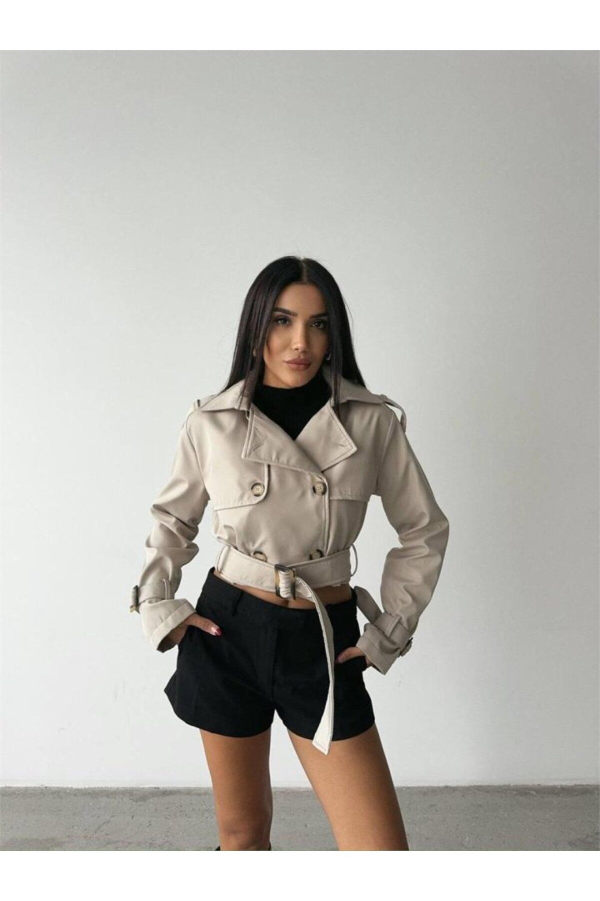 ETİLER COLLECTION CROP TRENCH KEMER DETAYLI - Taş