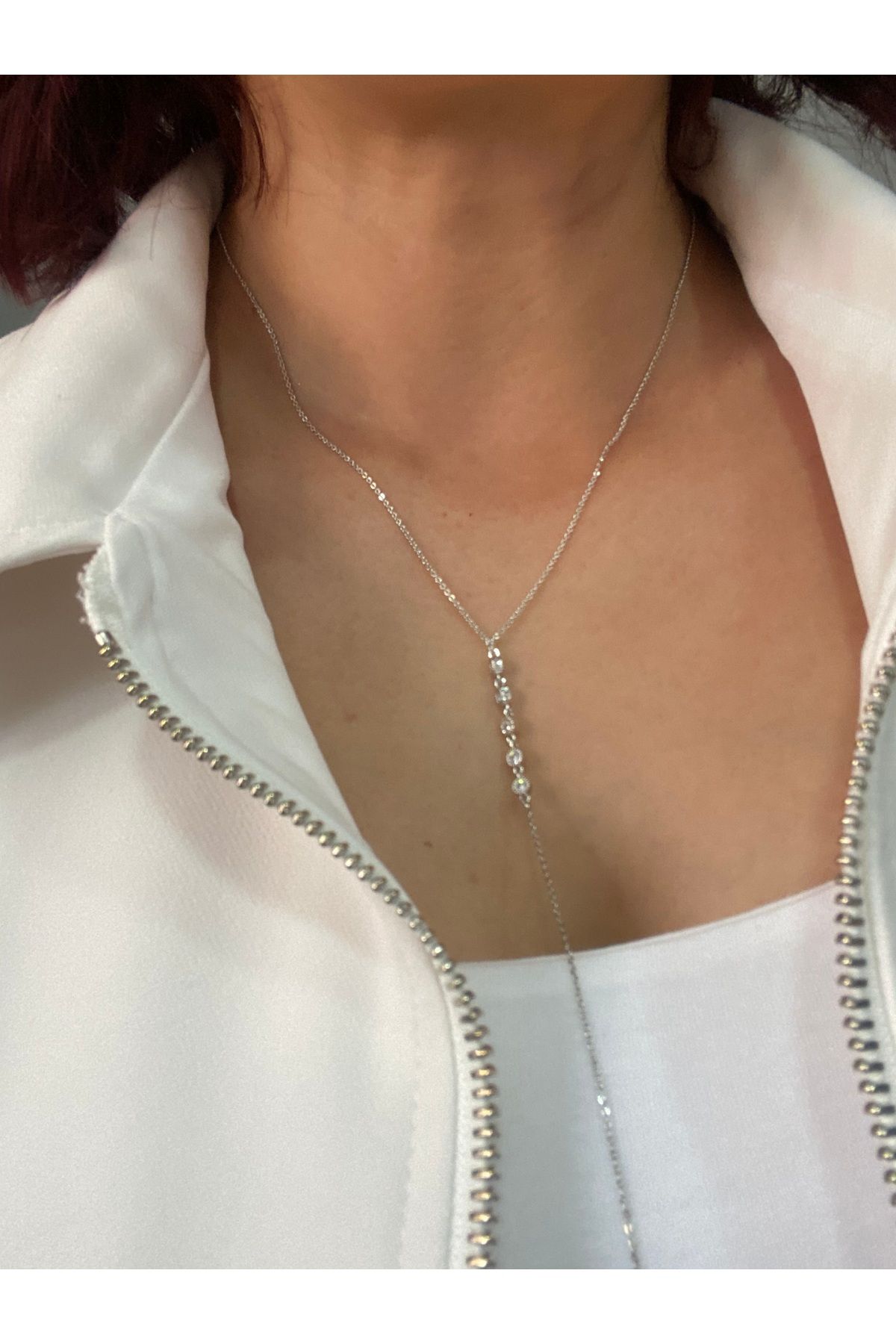 Byoz store Gümüş zincir zirkon taşlı kaplama çelik Y kolye