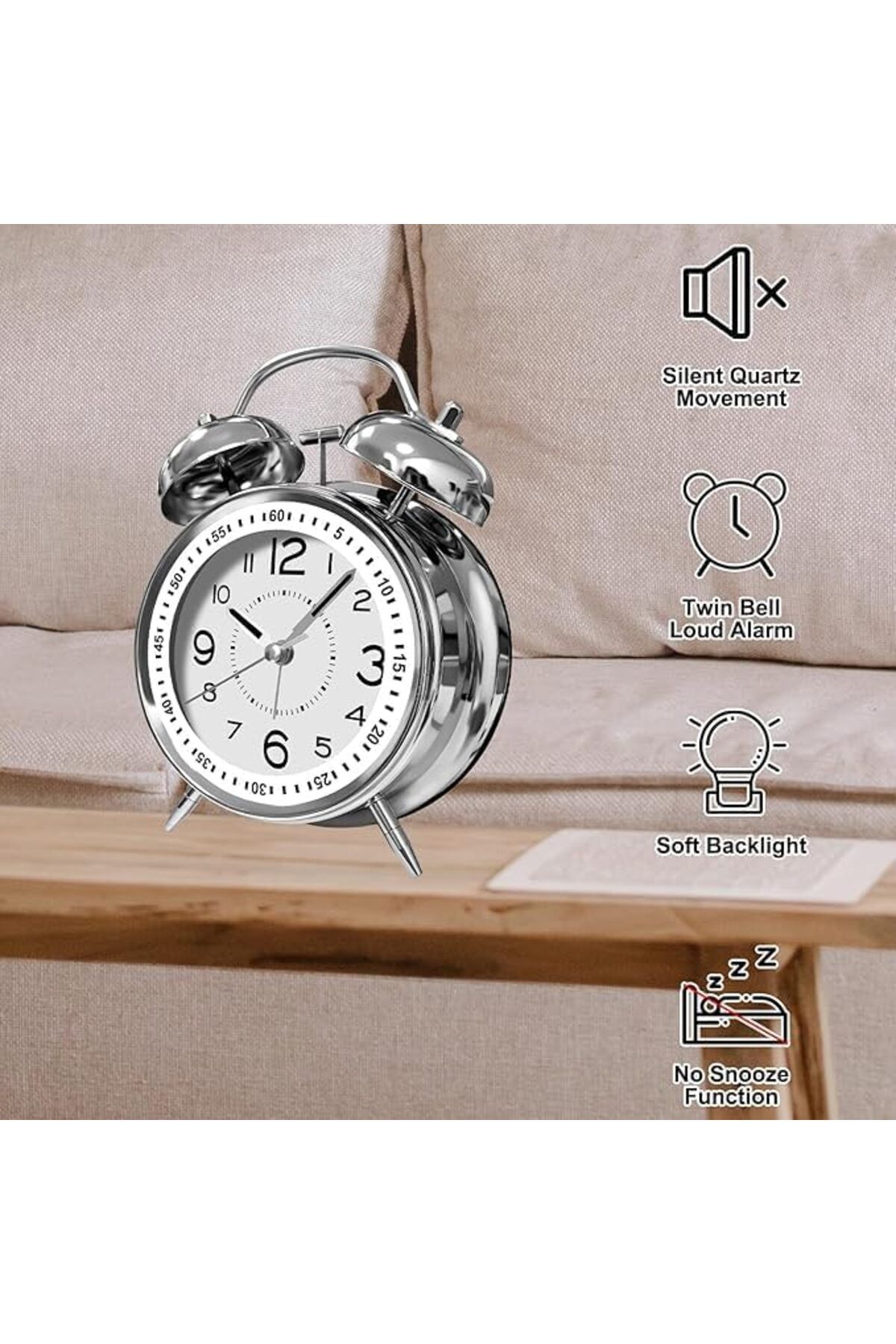 Other-Loud Battery-Operated Twin Bell Alarm Clock, Backlight, Snooze Function,(Silver,4") 4
