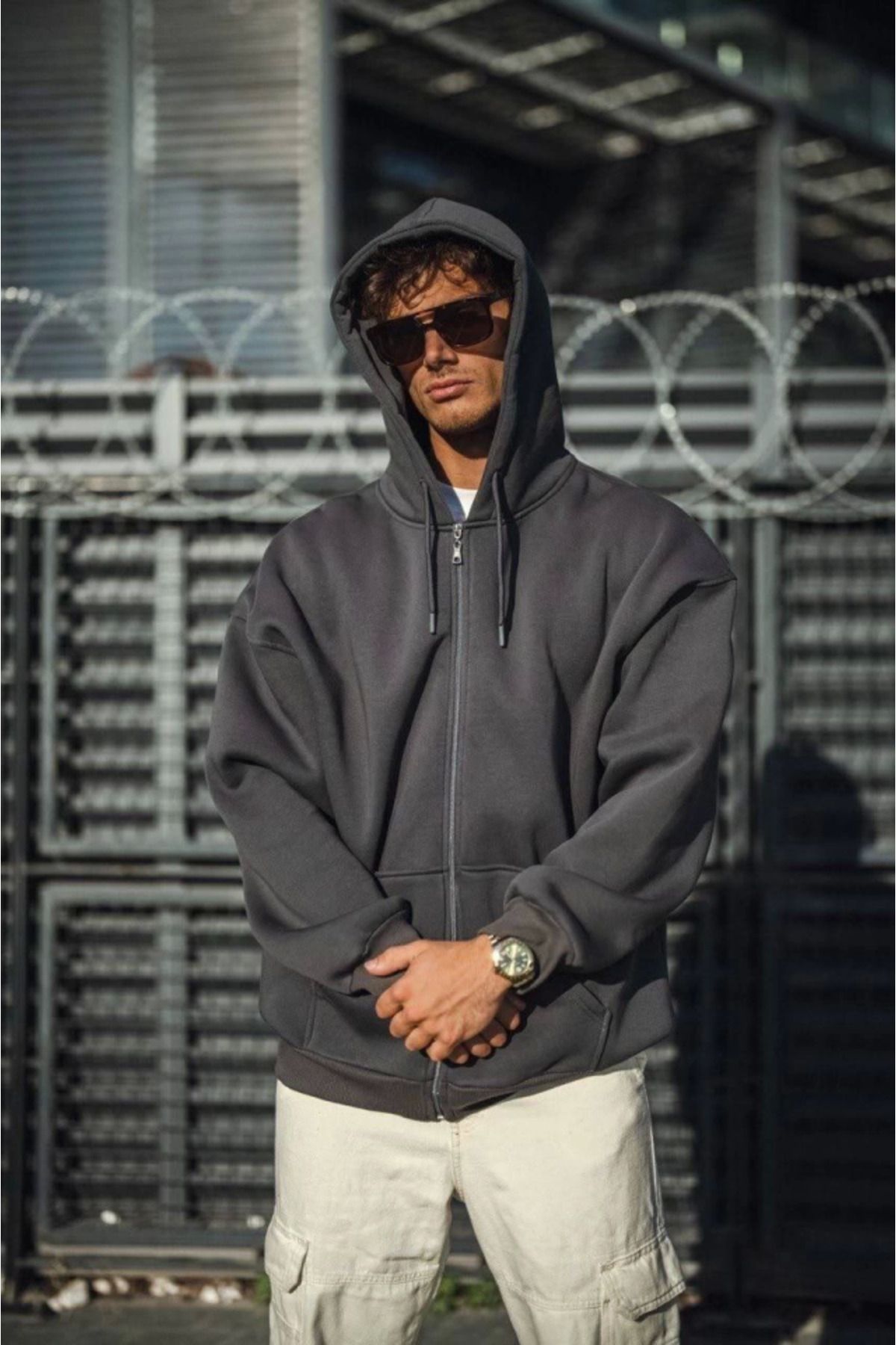 ETİLER COLLECTION Oversize Tam Fermuarlı Uzun Kol Hırka - Füme
