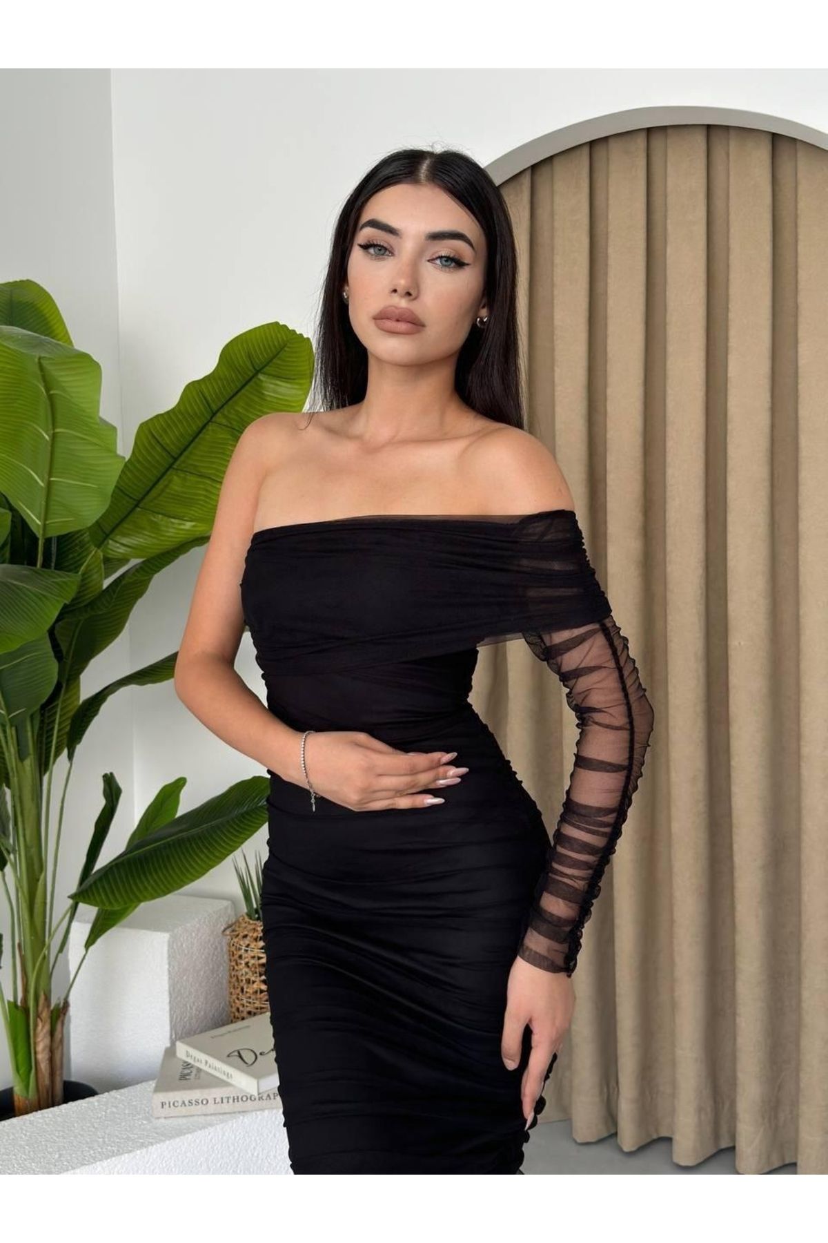 ETİLER COLLECTION Polack Tek Omuz Tül Elbise