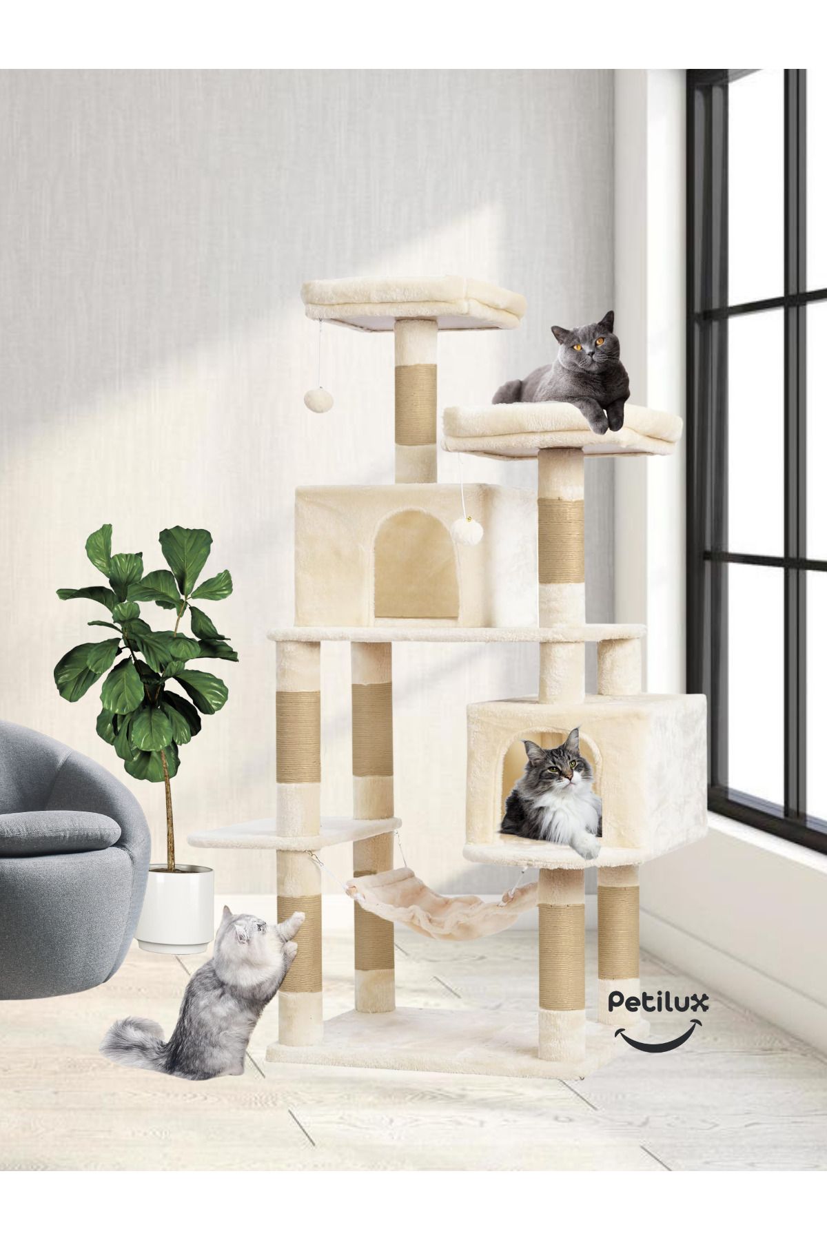 Petilux-Double Slot Luxury Large Size Scratching Cat Play House with Hammock Cat Scratching 1