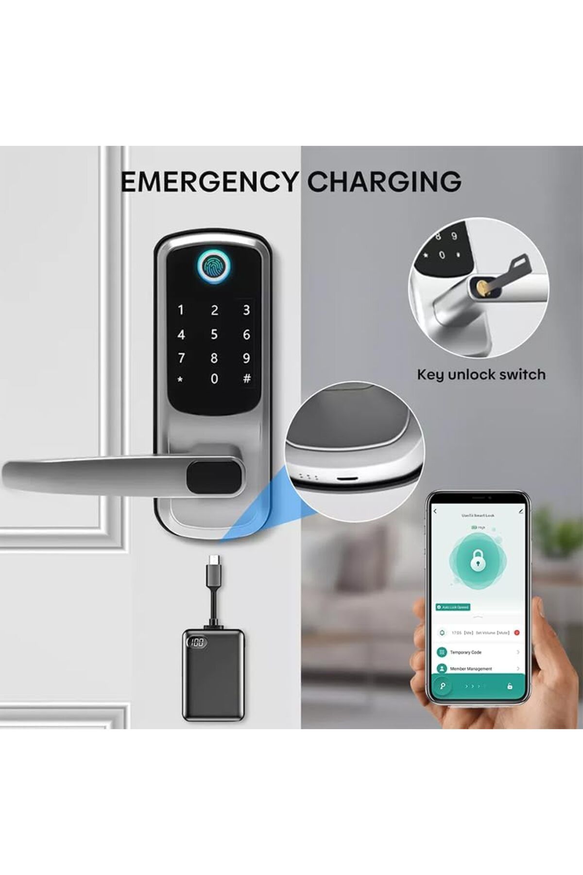 UanTii-قفل ذكي Tuya Wifi، قفل باب بدون مفتاح 5 في 1، قفل باب رقمي بمزلاج واحد مع بصمة الإصبع 8