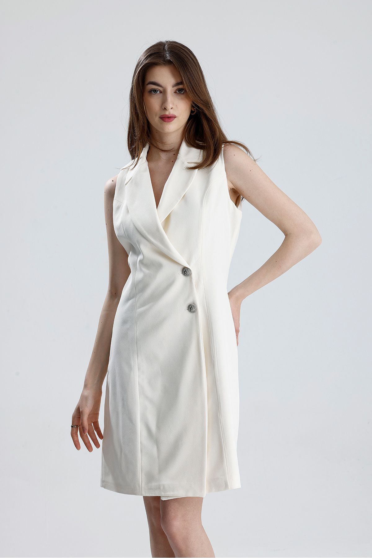 Sense-Lined Sleeveless Hurrem Long Jacket Dress |   Ckt35288 Ecru 6