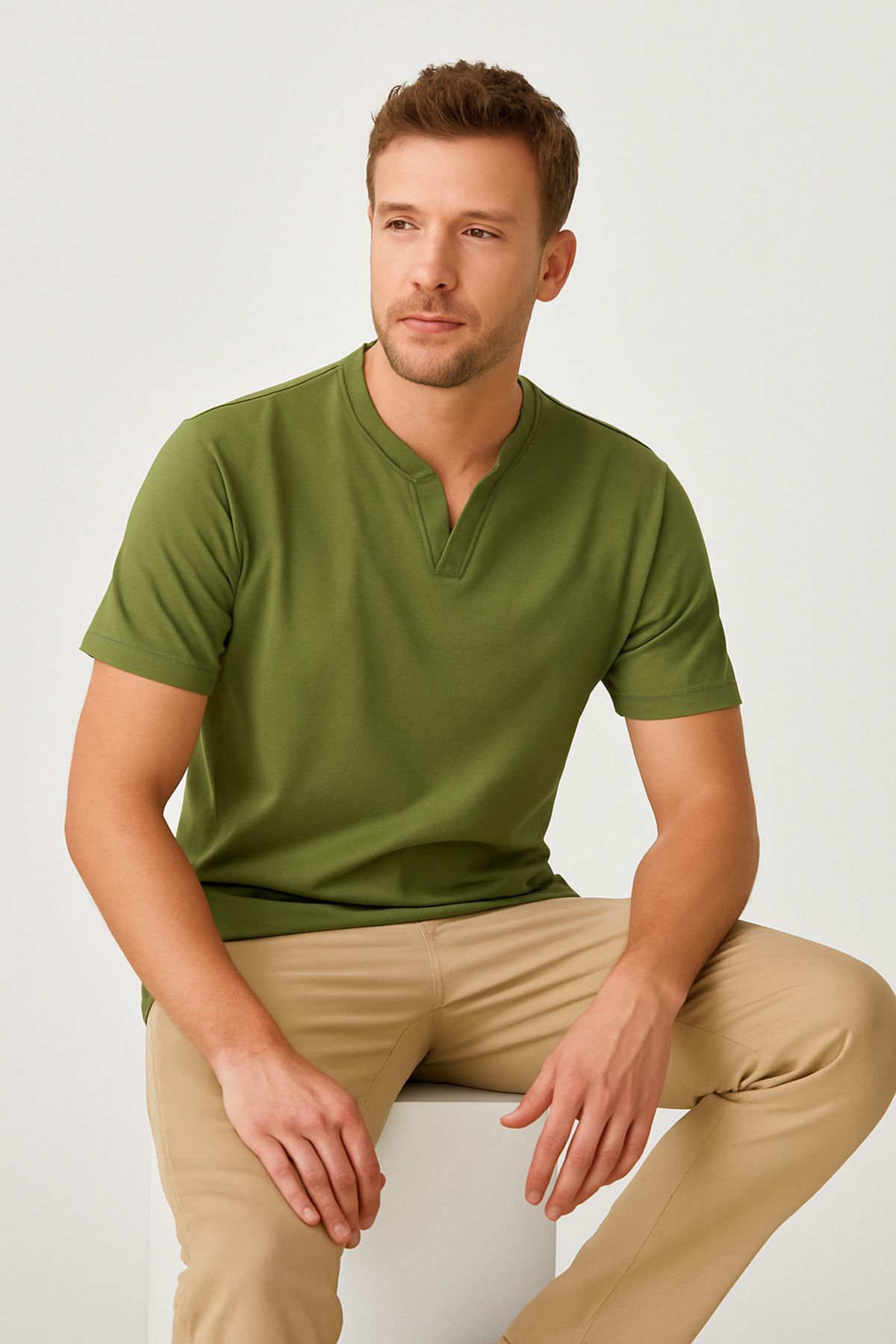 UOMOPARK 2124 Henley Tişört Kahverengi Düğme Detaylı Basic Casual T shirt