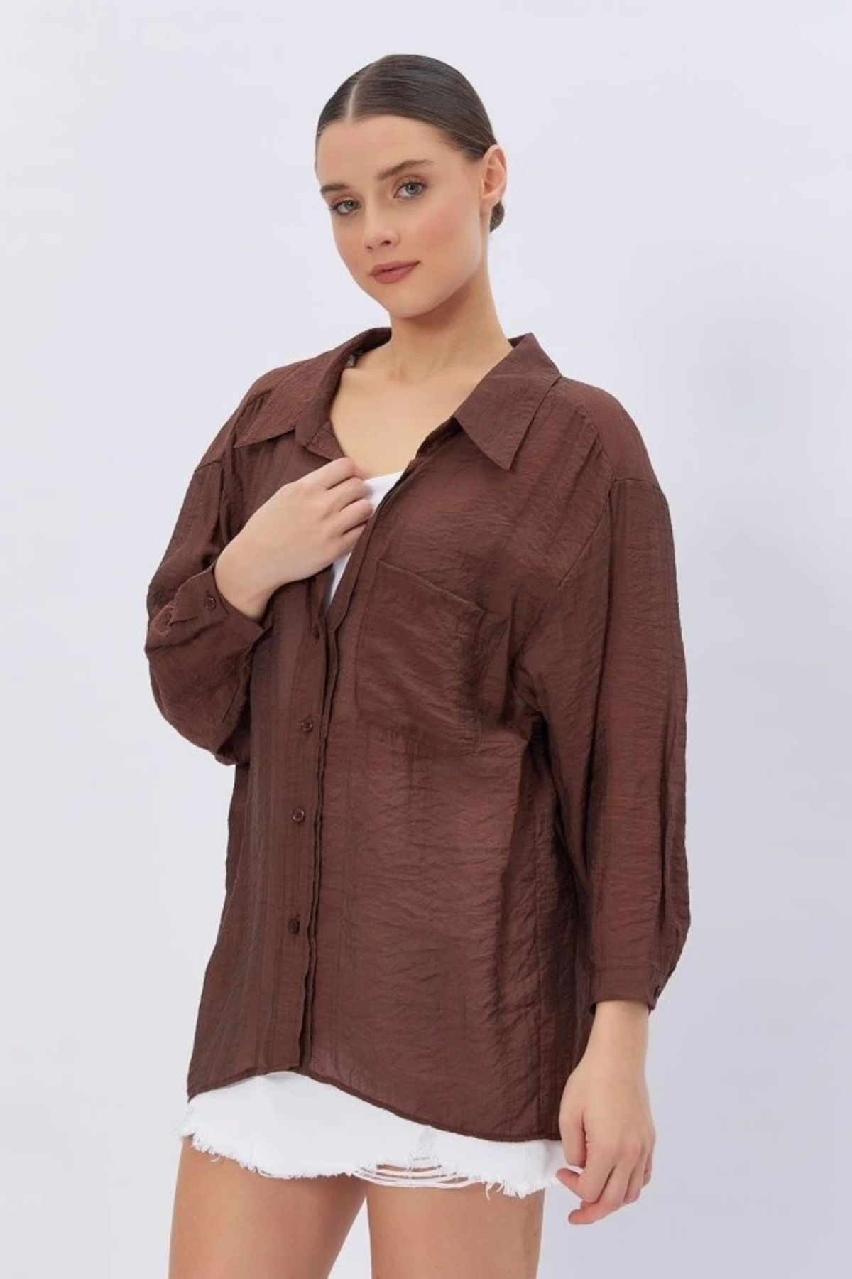 Butik Cepli Oversize Gömlek - Kahve