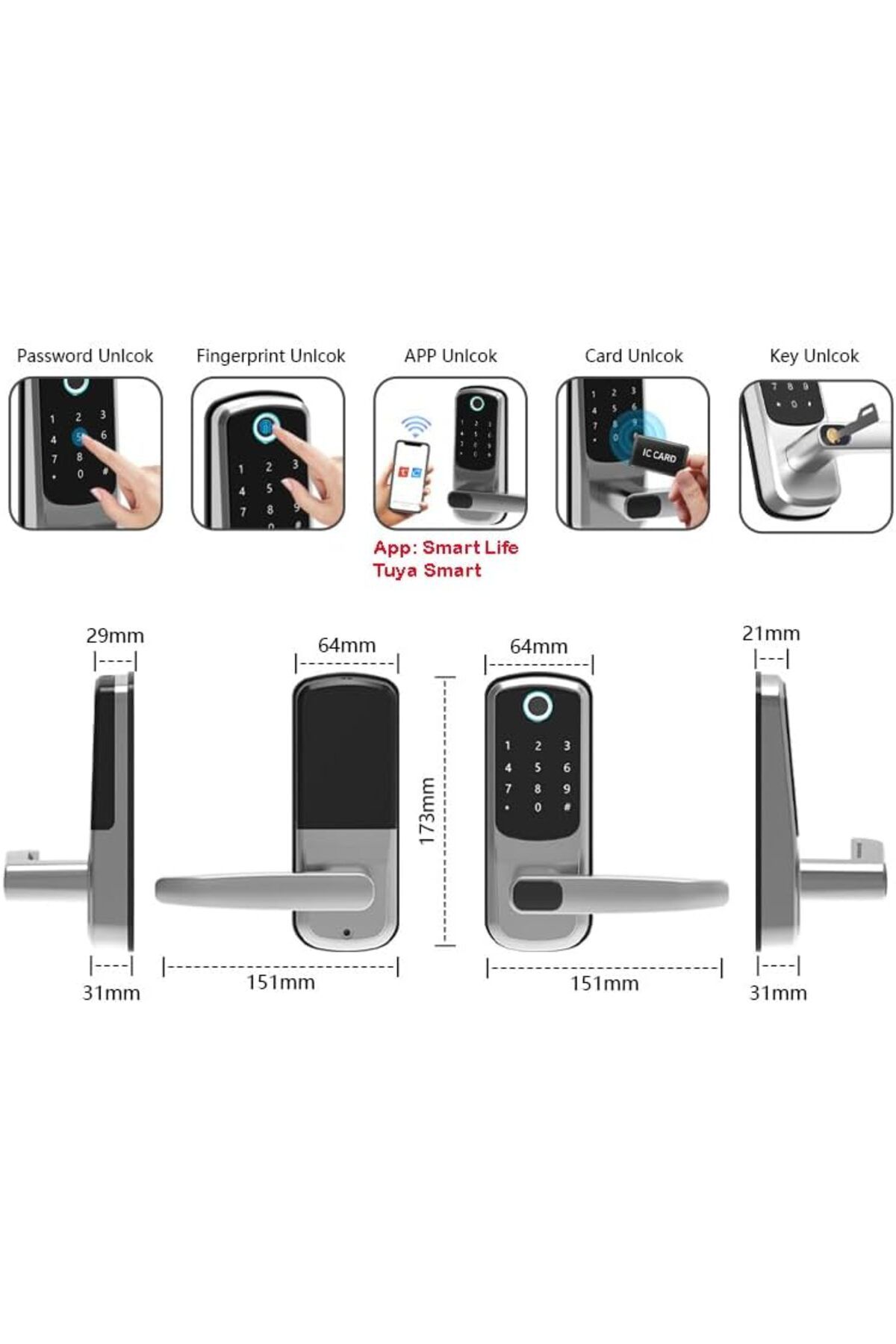 UanTii-قفل ذكي Tuya Wifi، قفل باب بدون مفتاح 5 في 1، قفل باب رقمي بمزلاج واحد مع بصمة الإصبع 9