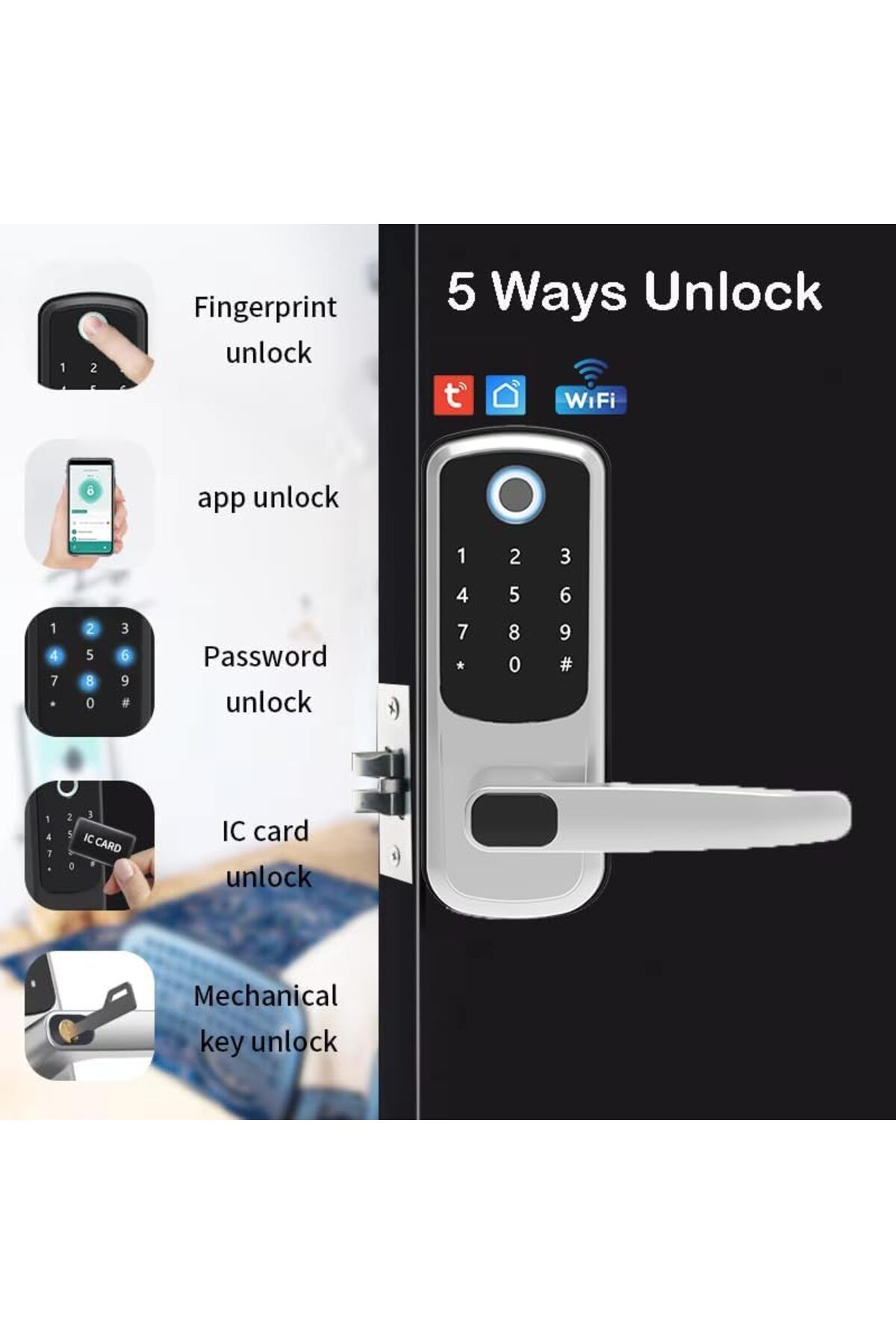 UanTii-قفل ذكي Tuya Wifi، قفل باب بدون مفتاح 5 في 1، قفل باب رقمي بمزلاج واحد مع بصمة الإصبع 3